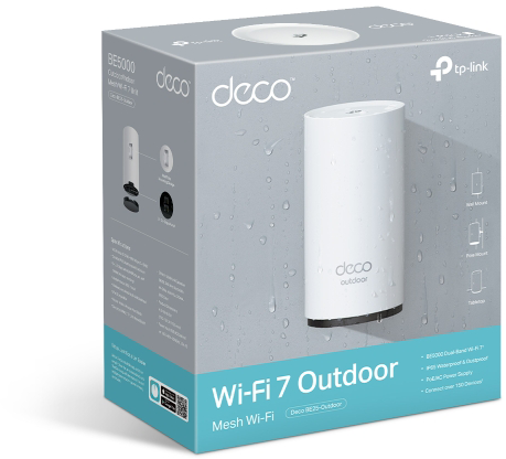 TP-Link Deco BE5000 Wi-Fi 7 kültéri Mesh router csomagolása termékképpel.