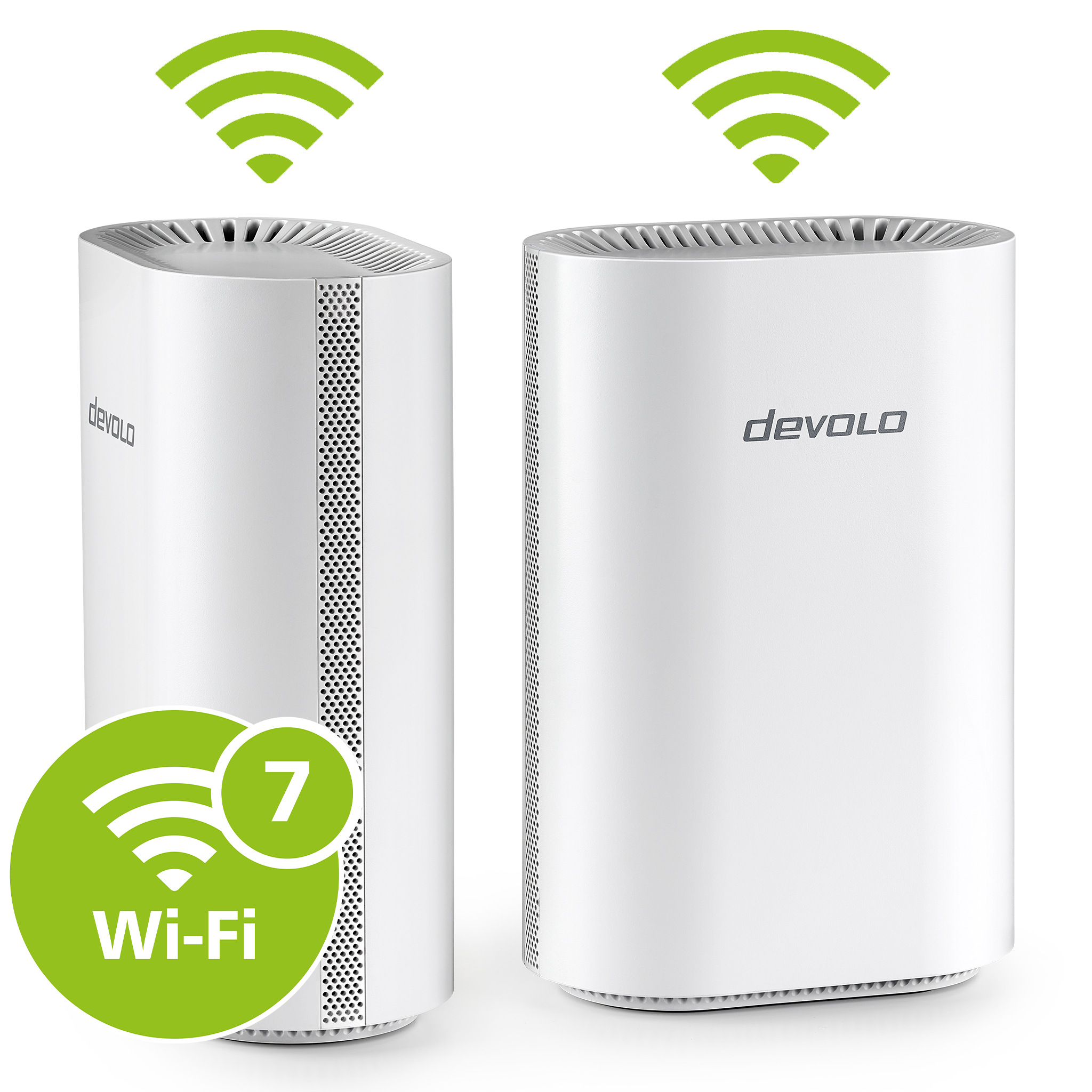 Zwei weiße Devolo Wi-Fi 7 Router mit grünen WLAN-Symbolen.