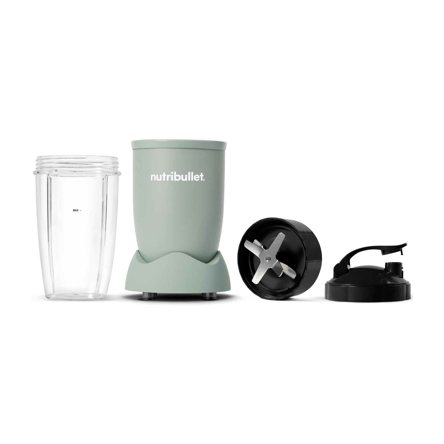 Un frullatore Nutribullet verde con tazza trasparente, unità lame e coperchio nero.
