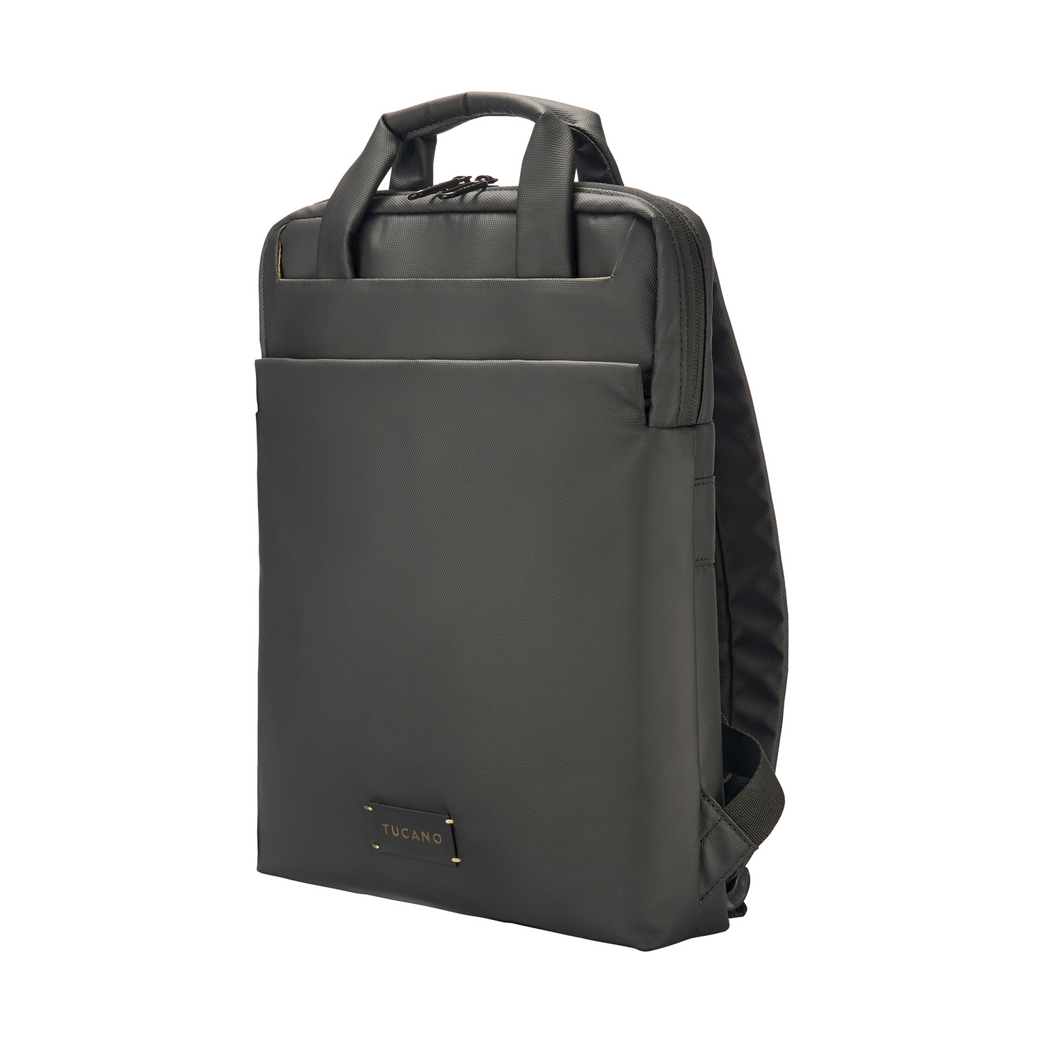 Una borsa rettangolare grigio scuro con due manici superiori e cerniera.