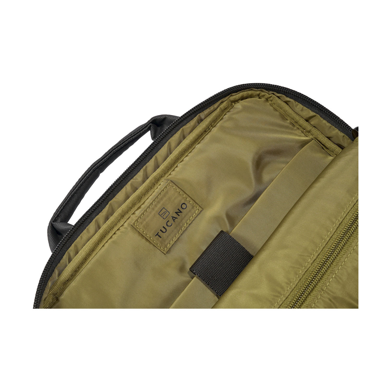 Interno borsa verde aperta con etichetta logo Tucano e manico nero.