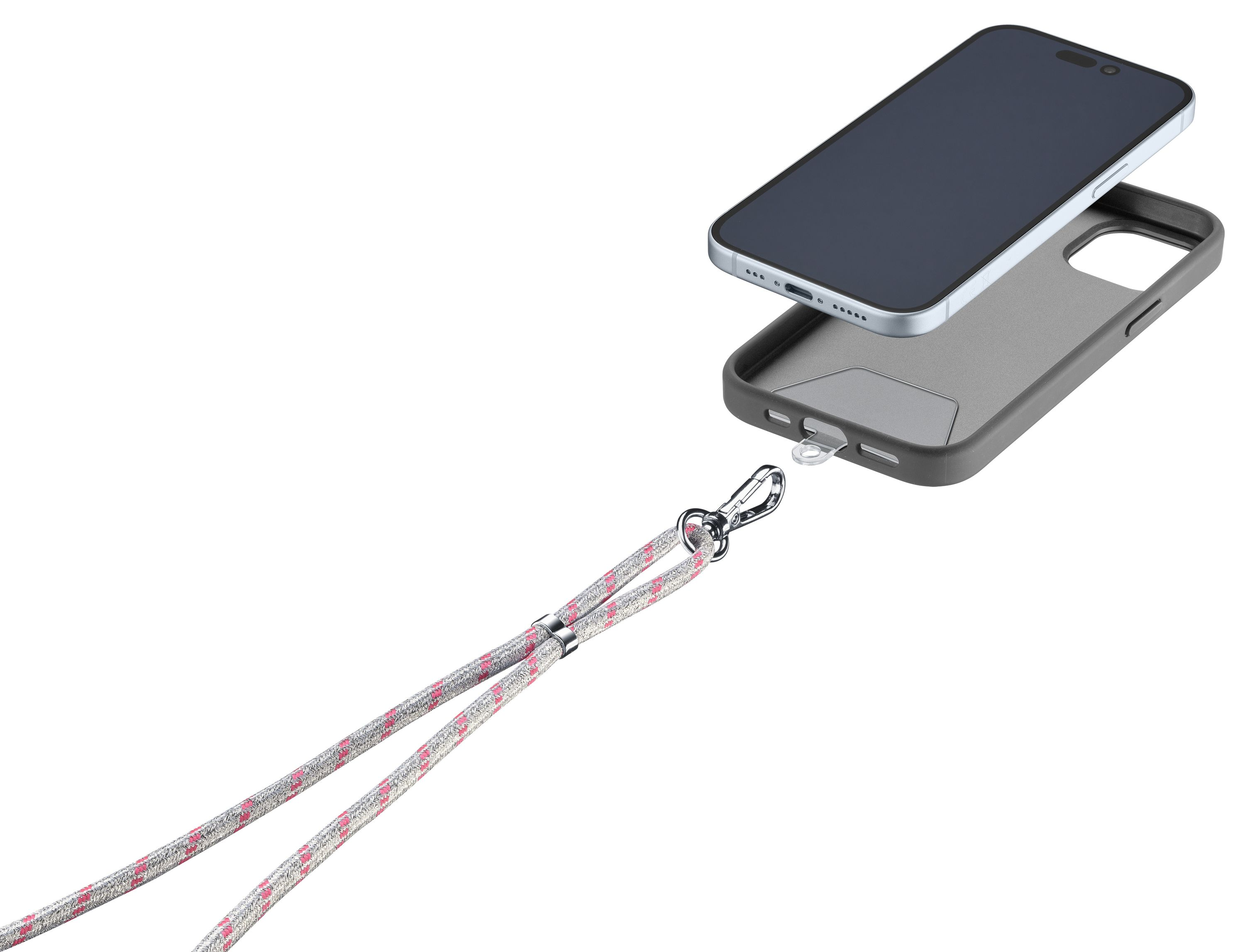 Gri bir akıllı telefon, lanyard halkası olan gri bir kılıfa yerleştiriliyor.