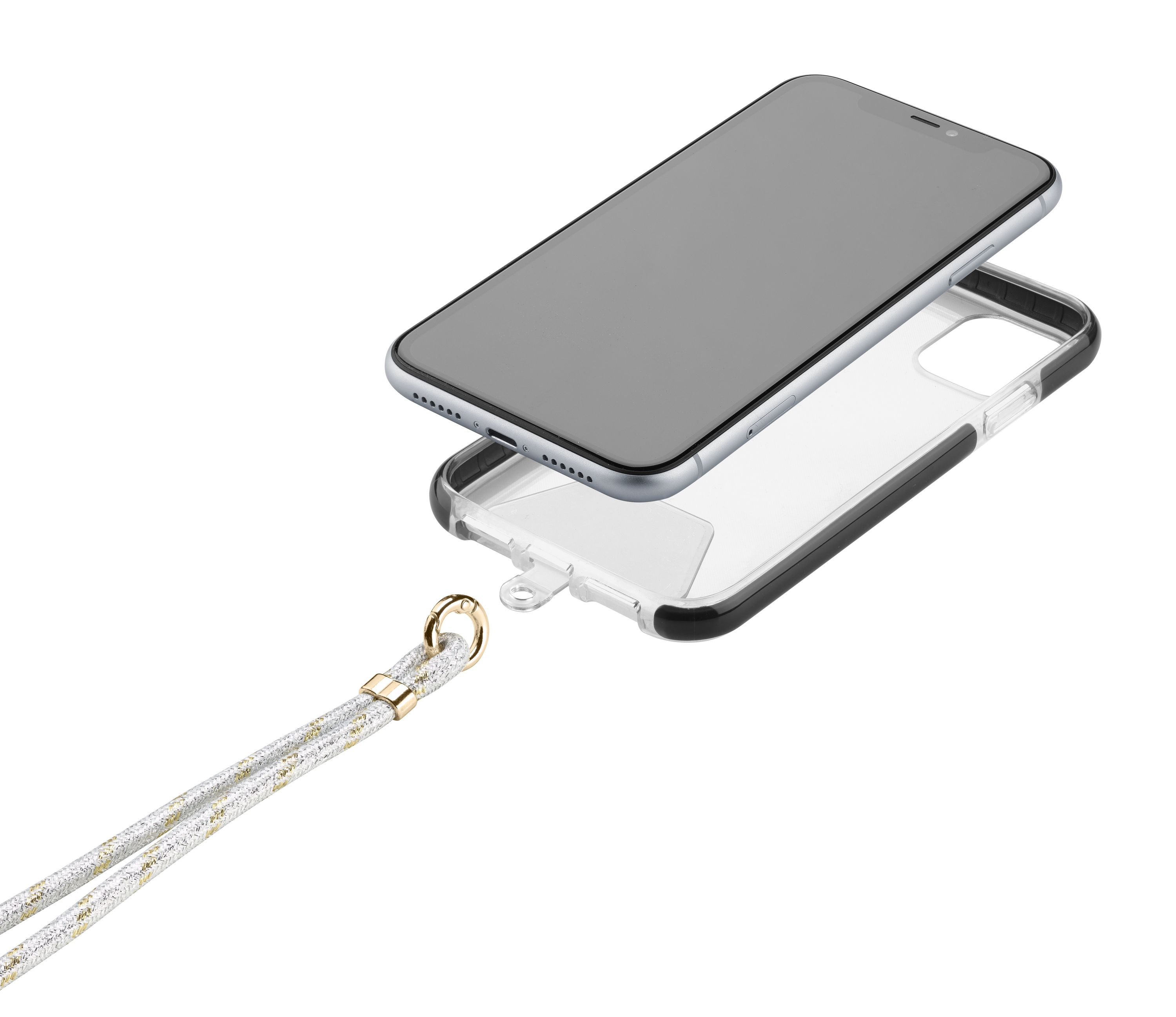 Gümüş rengi, sim detaylı telefon askısı şeffaf telefon kılıfına takılı.