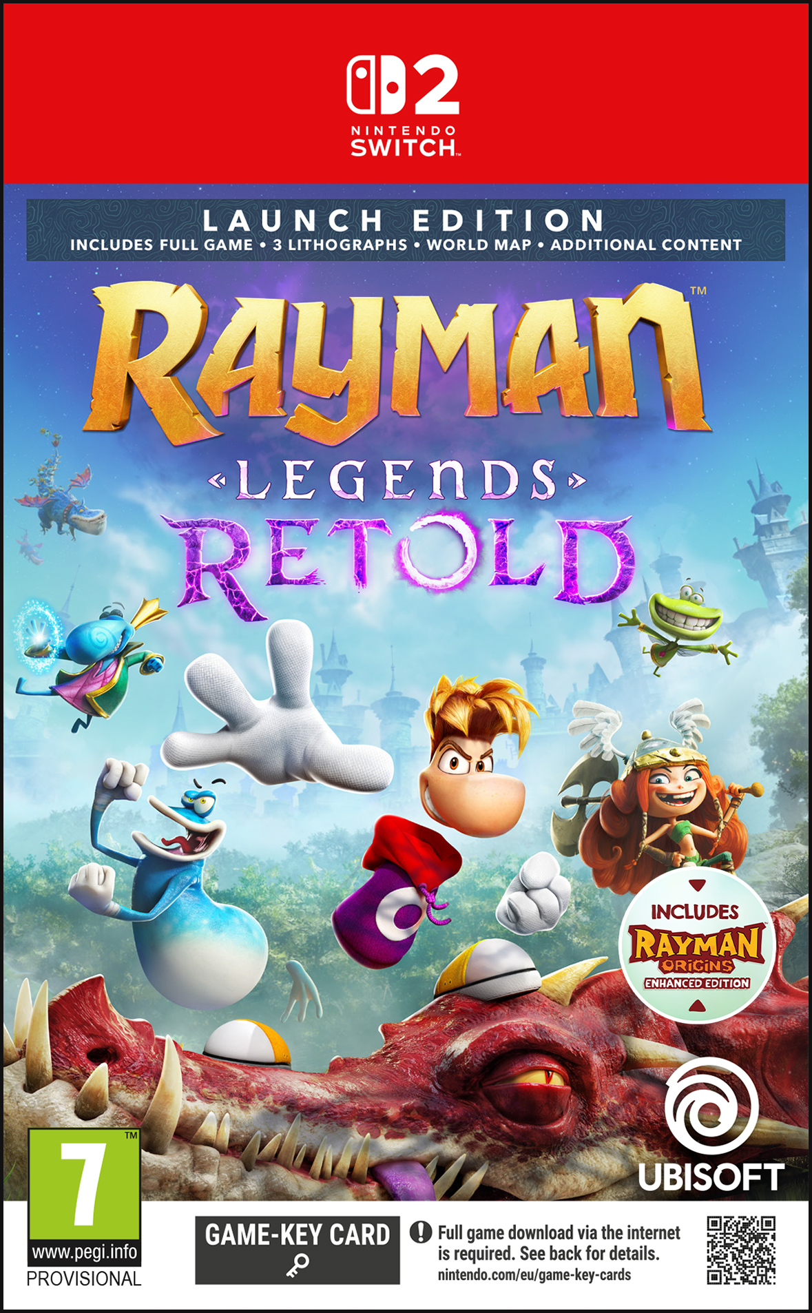 Okładka Rayman Legends Retold na Nintendo Switch z Raymanem i przyjaciółmi przed czerwonym smokiem.
