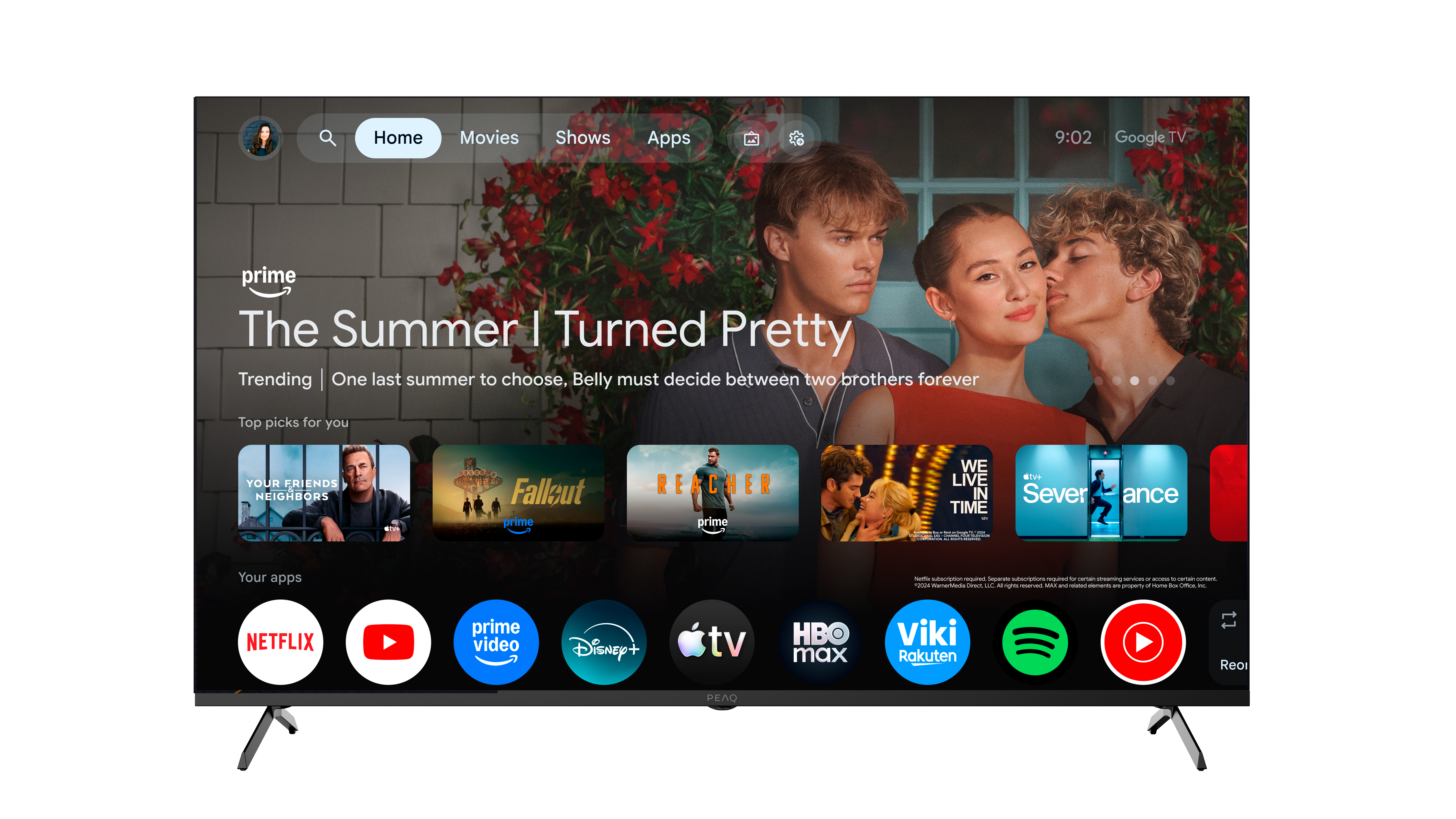 Ein Fernsehbildschirm zeigt die Google TV-Oberfläche mit Filmvorschlägen.