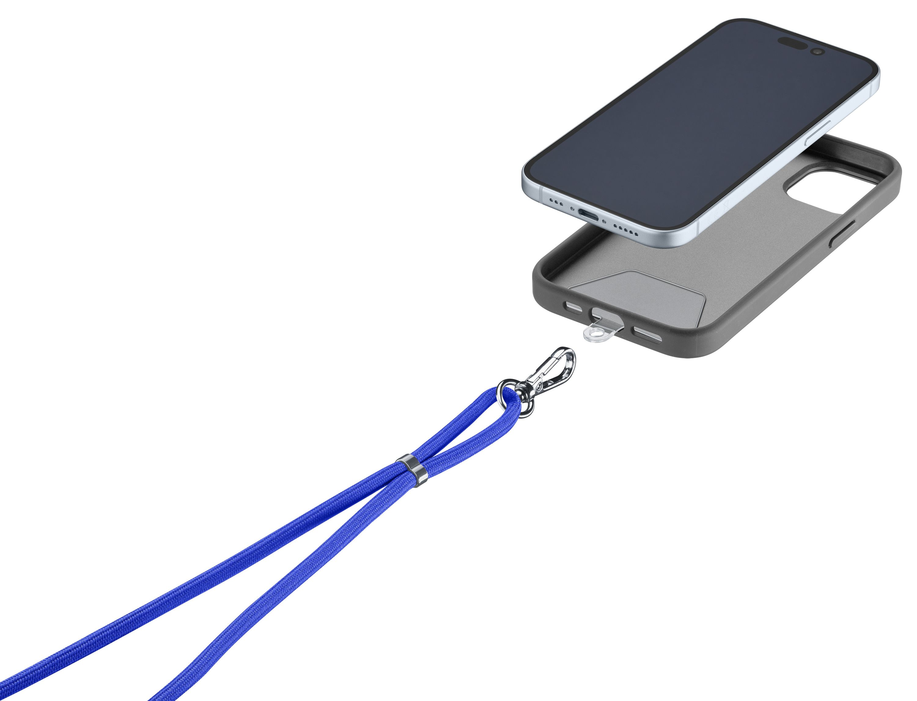 Mavi kordonlu gri kılıfa yerleştirilen bir akıllı telefon.