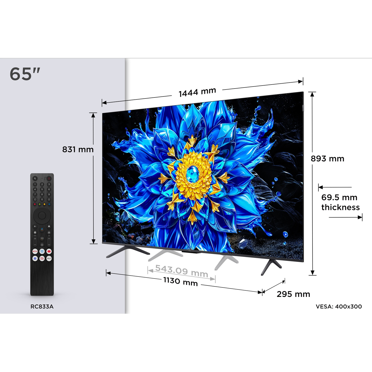 TV da 65 pollici con telecomando, dimensioni visualizzate.
