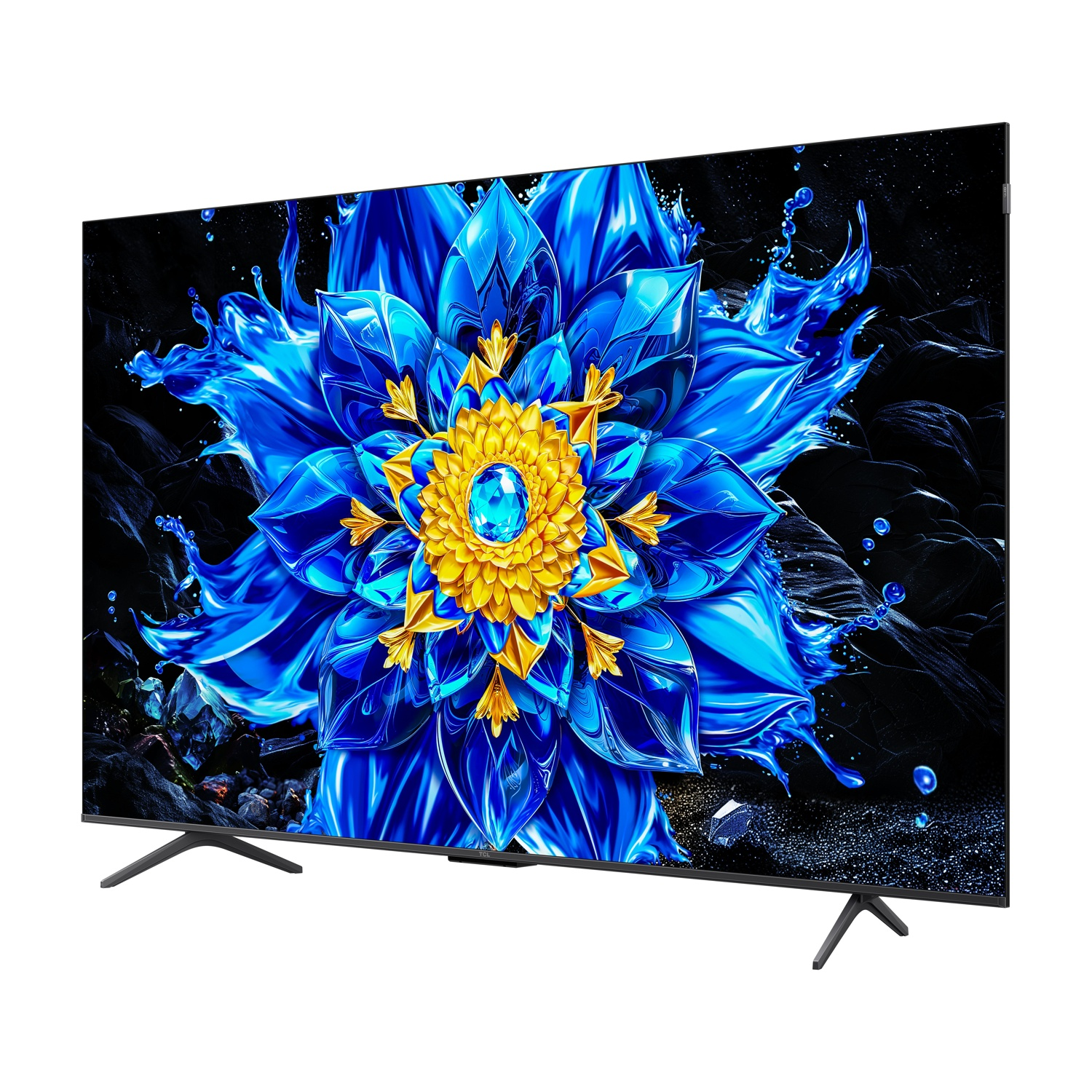 Un televisore moderno che mostra un'immagine floreale blu e gialla vibrante.