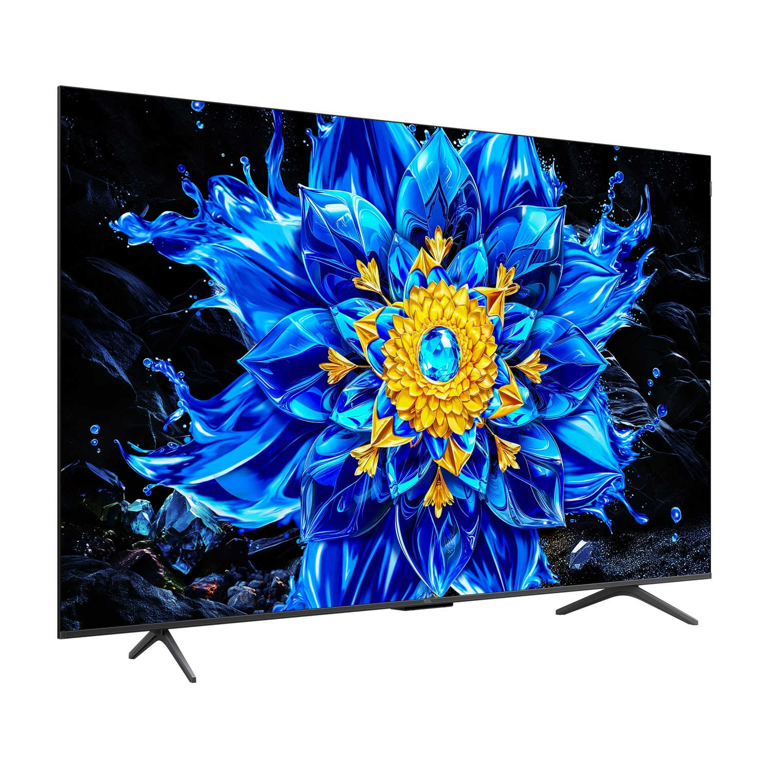 Una TV moderna mostra un design floreale blu con accenti gialli.