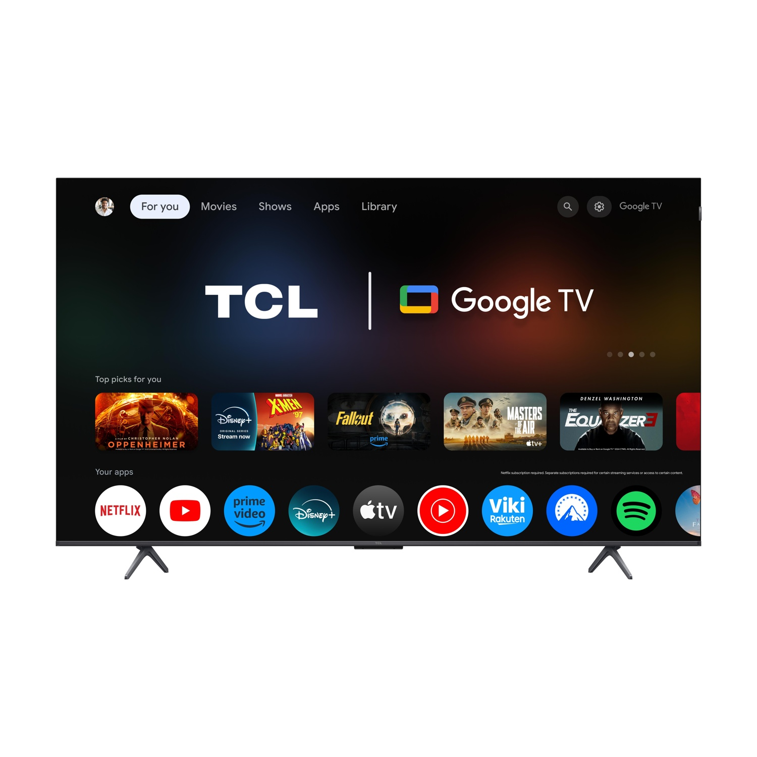 Lo schermo TCL Google TV mostra poster di film e icone di app come Netflix e YouTube.