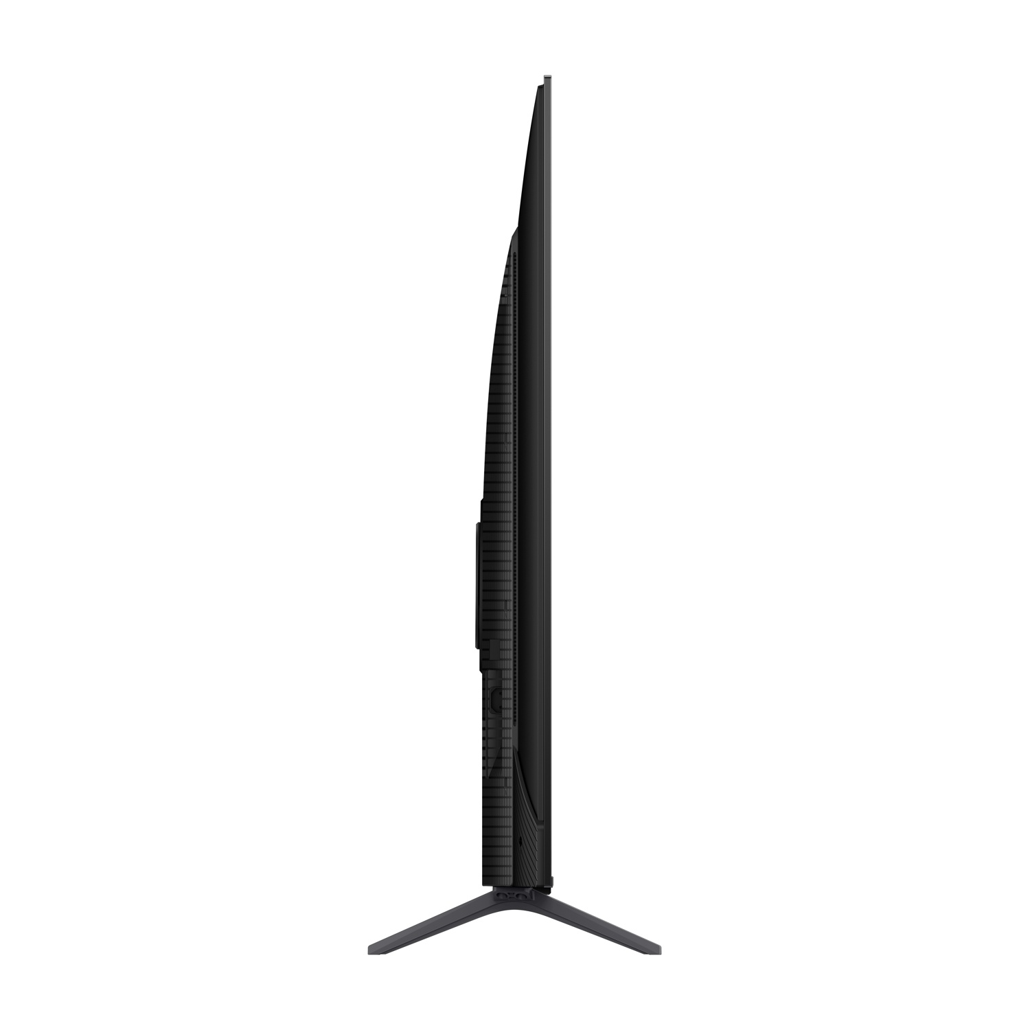Vista laterale di una TV nera sottile su un supporto grigio.