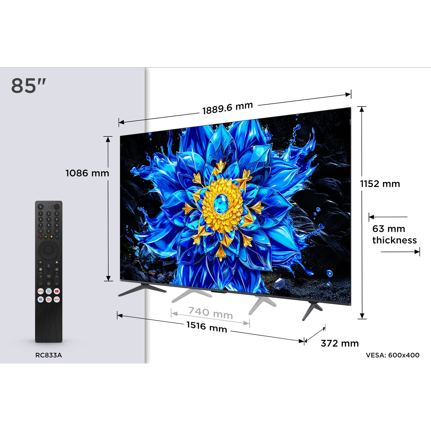 Un TV da 85 pollici con telecomando e dimensioni.