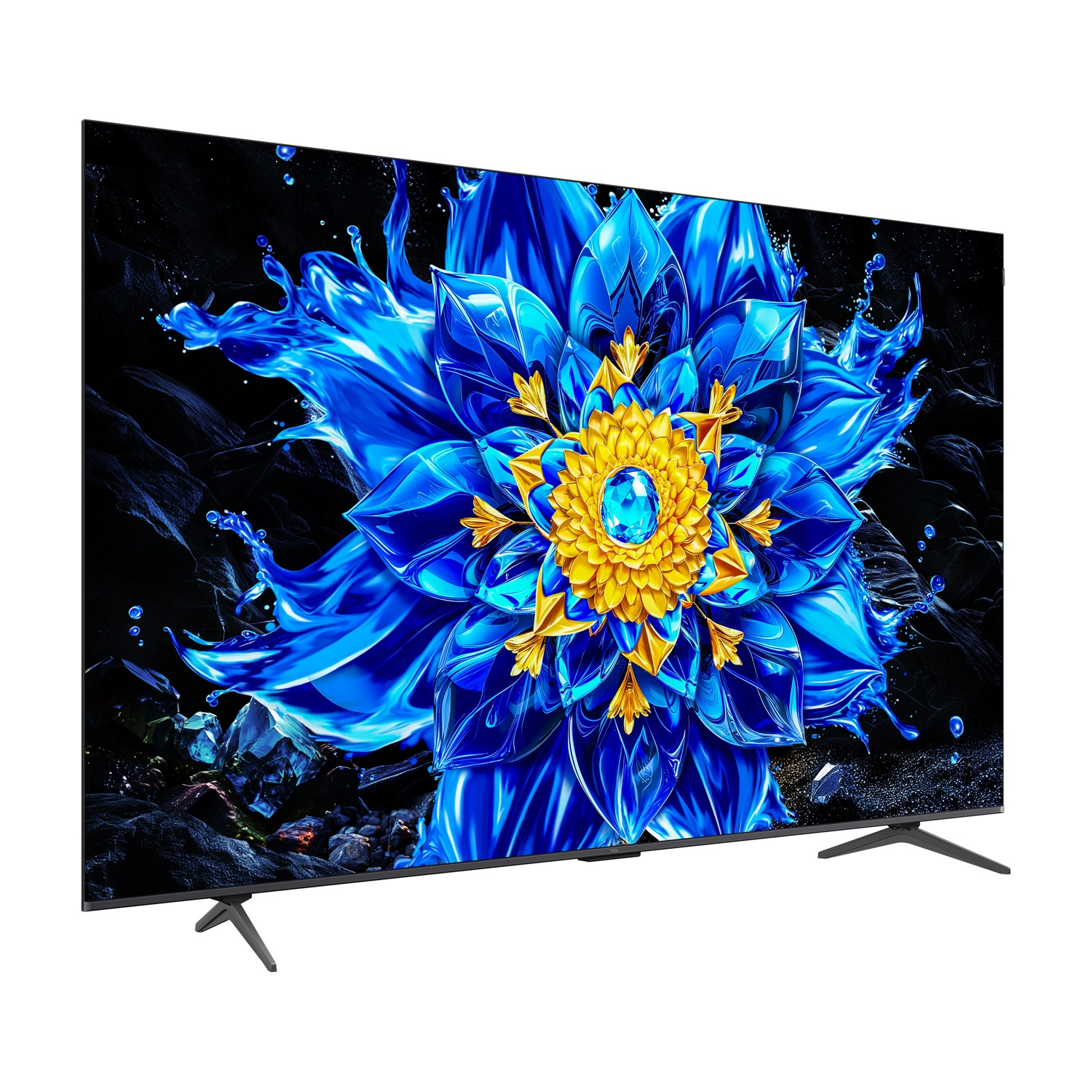 Una TV moderna mostra un fiore blu e giallo sullo schermo, appoggiata su un supporto.