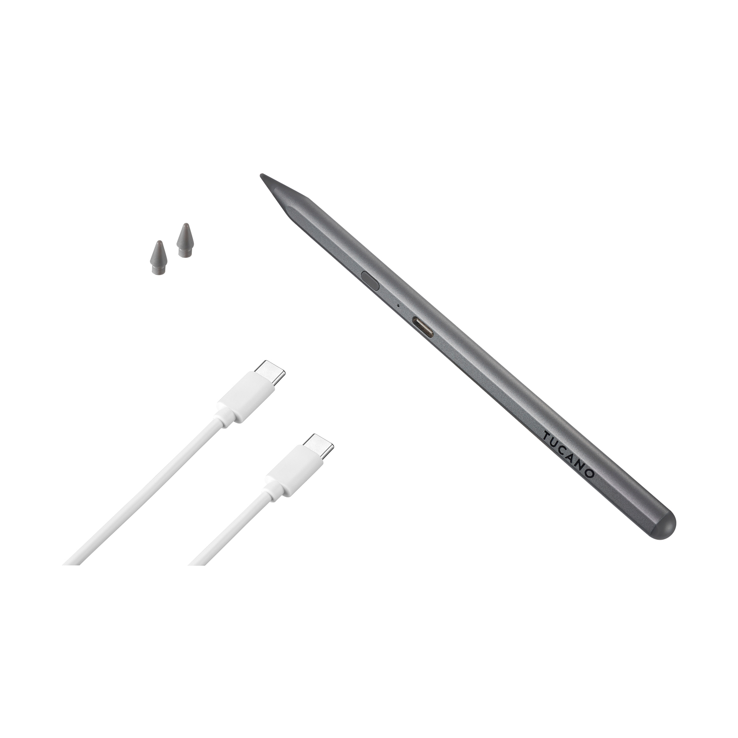 Stylus Tucano grigio con due punte di ricambio e due cavi USB-C bianchi.