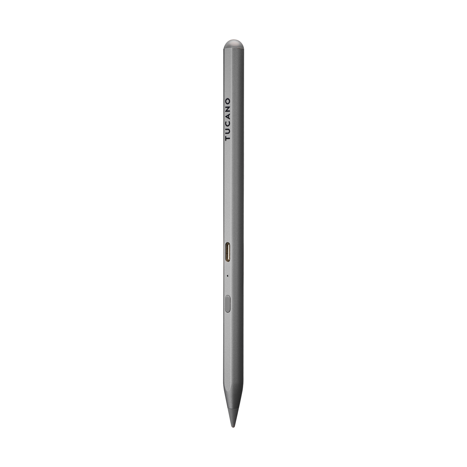 Una penna stilo grigia con logo Tucano su sfondo bianco.
