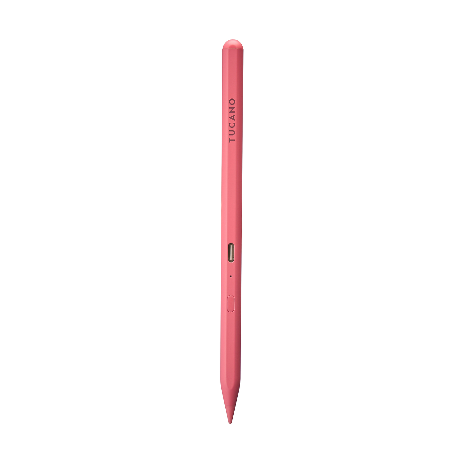 Uno stilo rosa corallo con logo "TUCANO" su sfondo bianco.