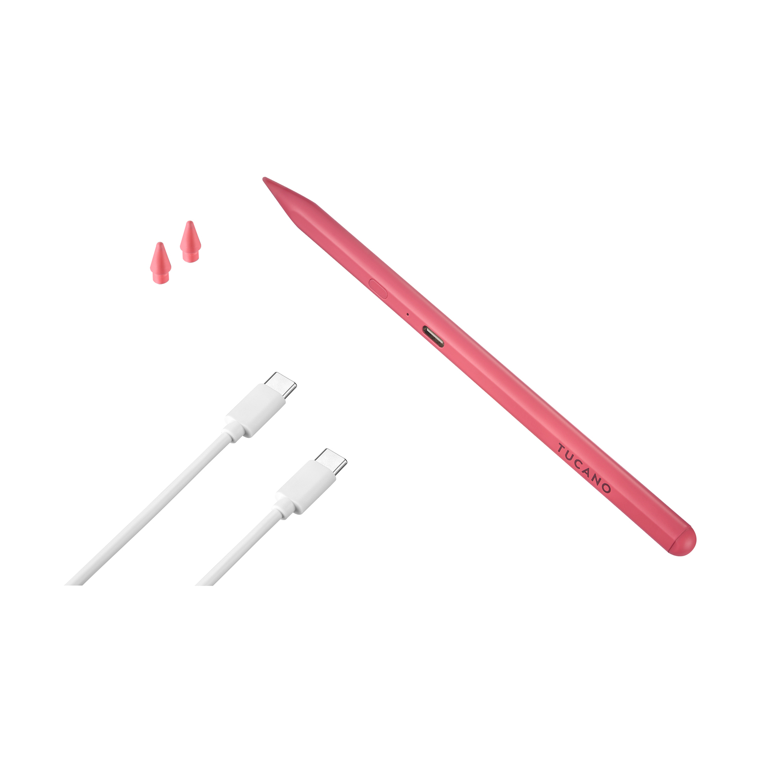 Uno stilo rosa con due cavi USB-C bianchi e tre punte.