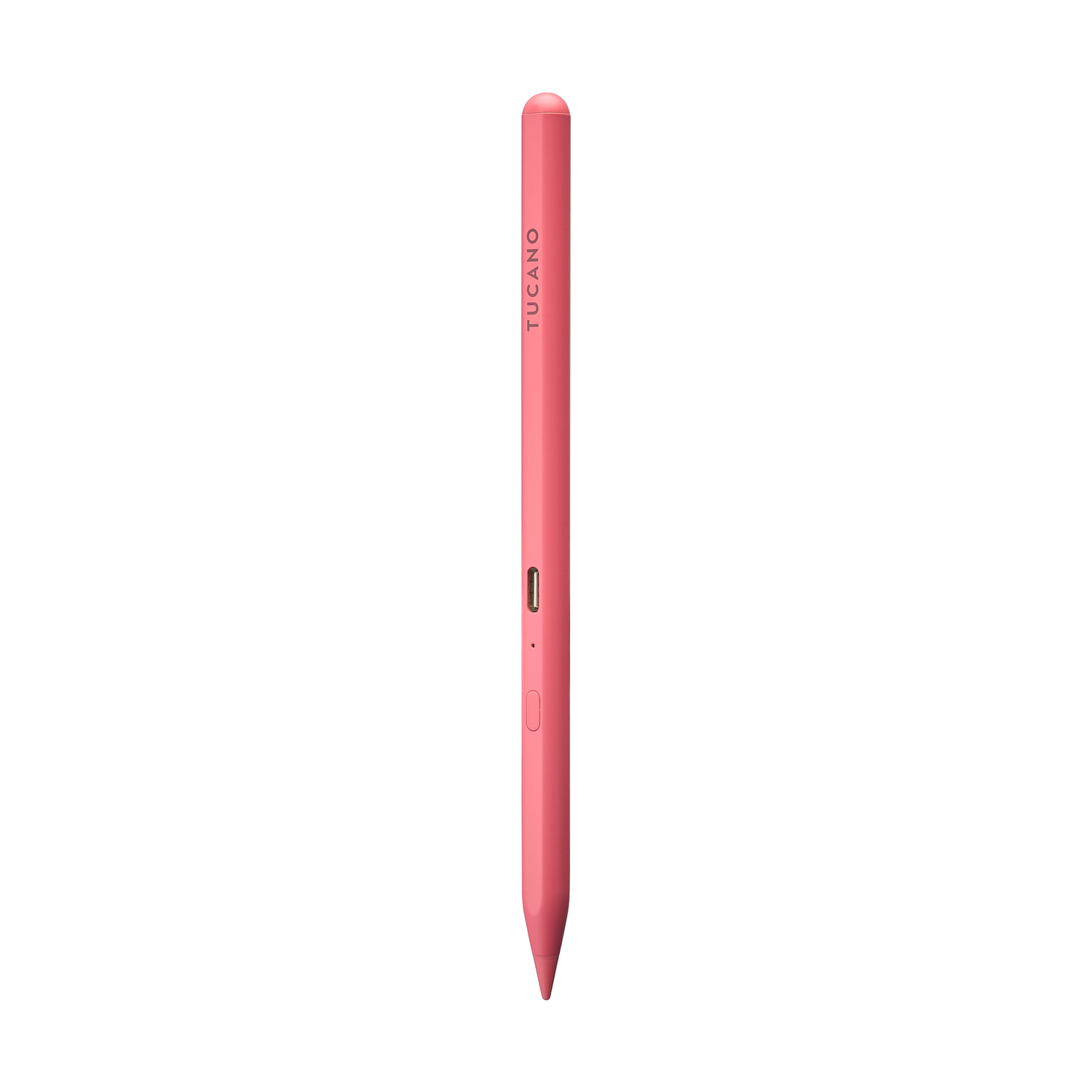Una penna stilo rosa con testo "TUCANO" è mostrata su sfondo bianco.