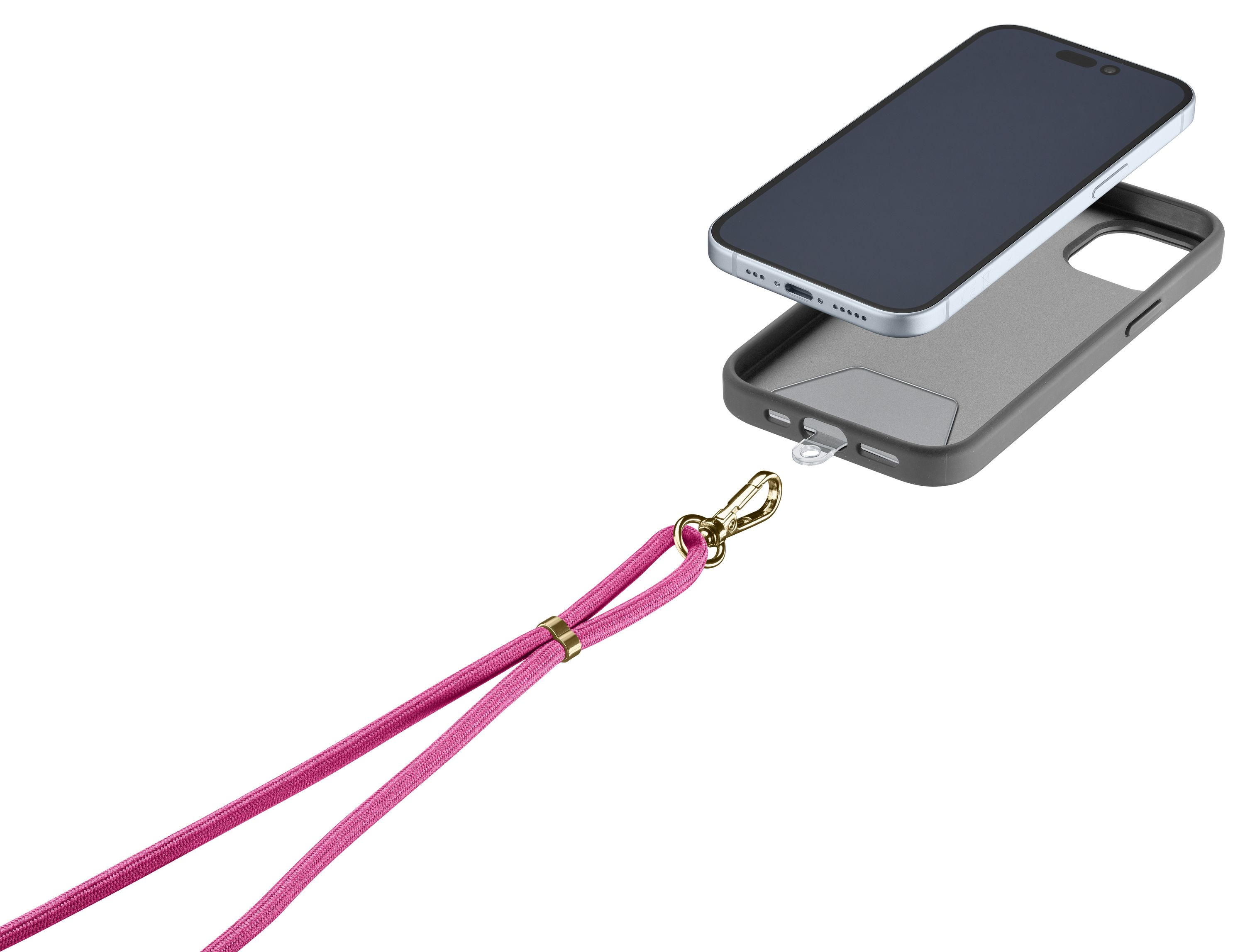 Pembe kordonlu gri kılıfa bir akıllı telefon yerleştiriliyor.