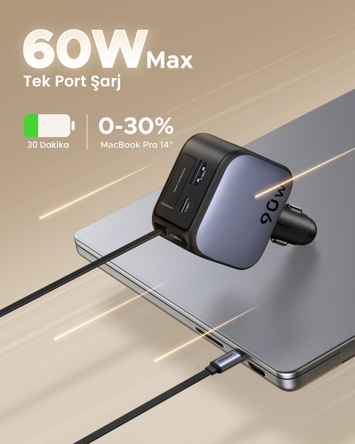 60W şarj cihazı, MacBook Pro 14"'ü 30 dakikada %30 şarj eder.