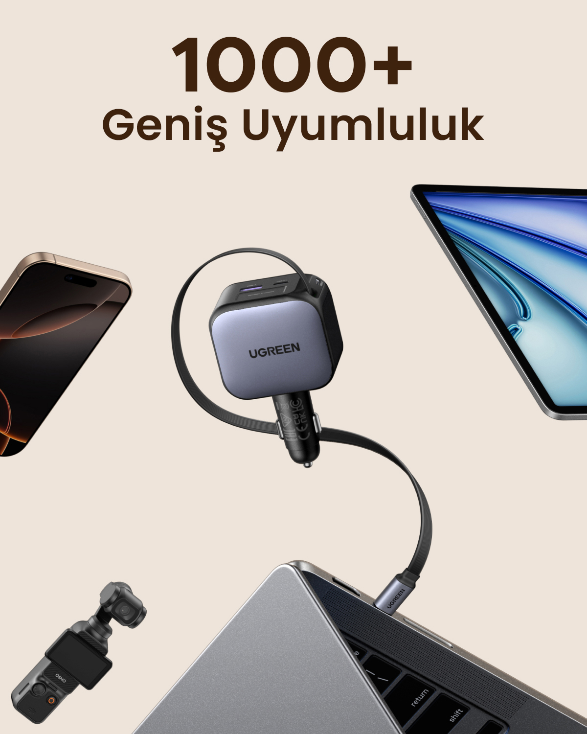 UGREEN şarj cihazı telefon, dizüstü bilgisayar ve tablet bağlar. Yakında küçük kamera.