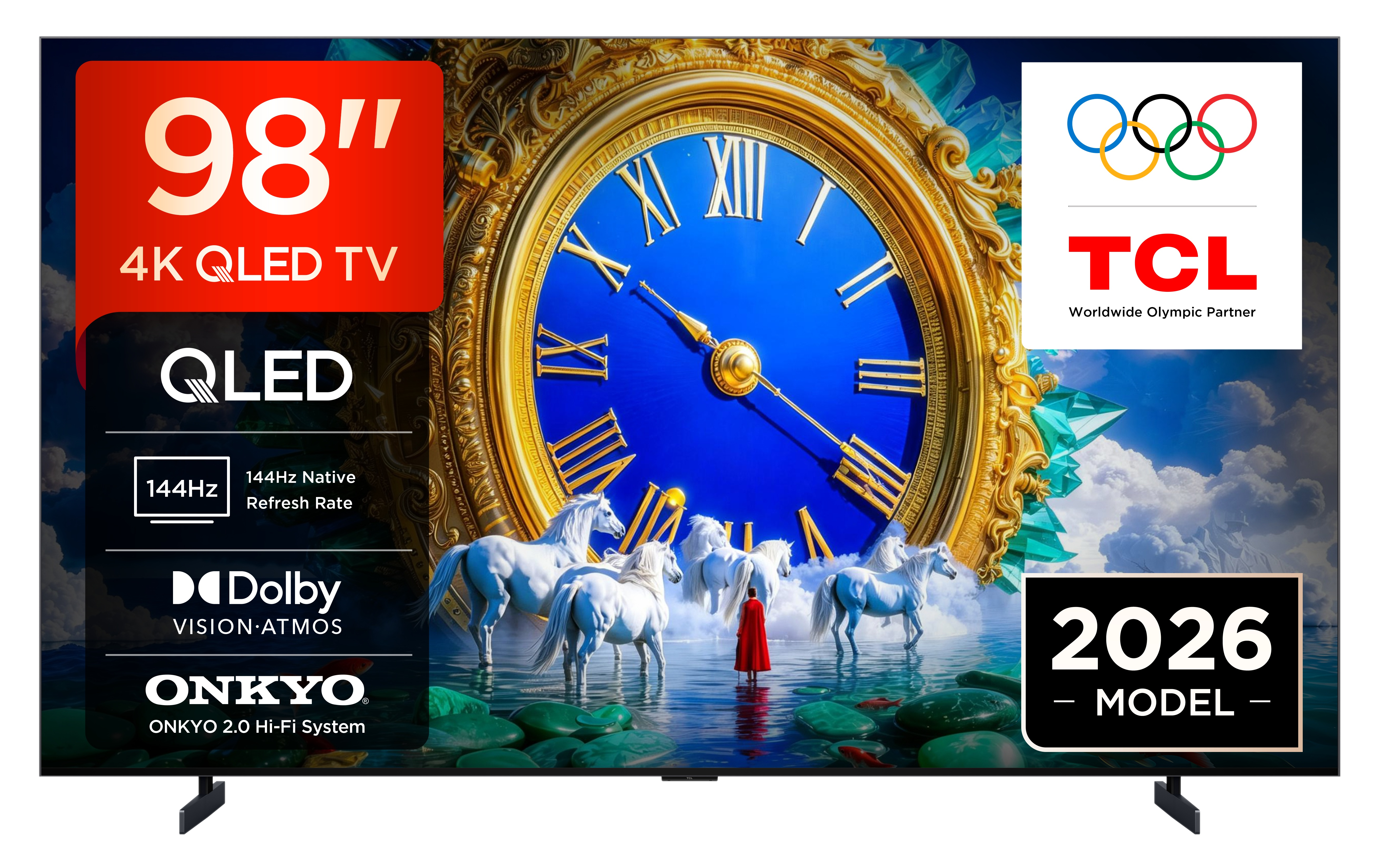 Telewizor QLED 98-calowy z logo TCL jako Światowego Partnera Olimpijskiego.