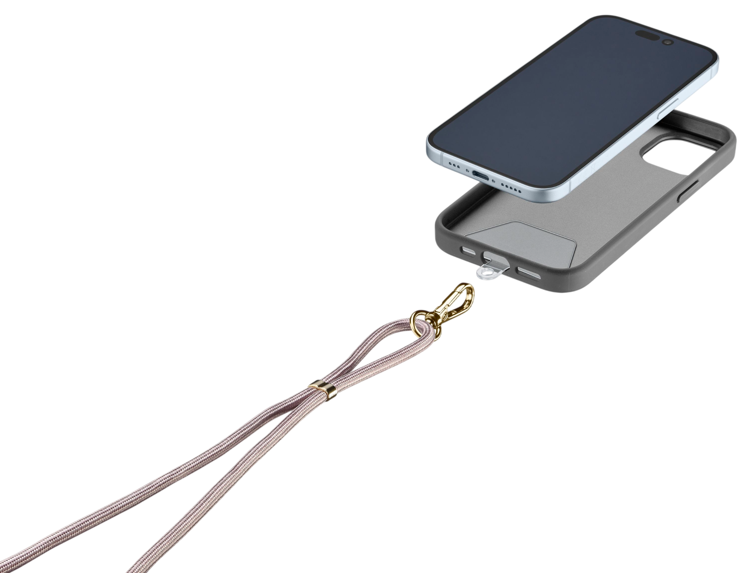 Siyah arka plan üzerinde telefon ve kordonlu gri telefon kılıfı.