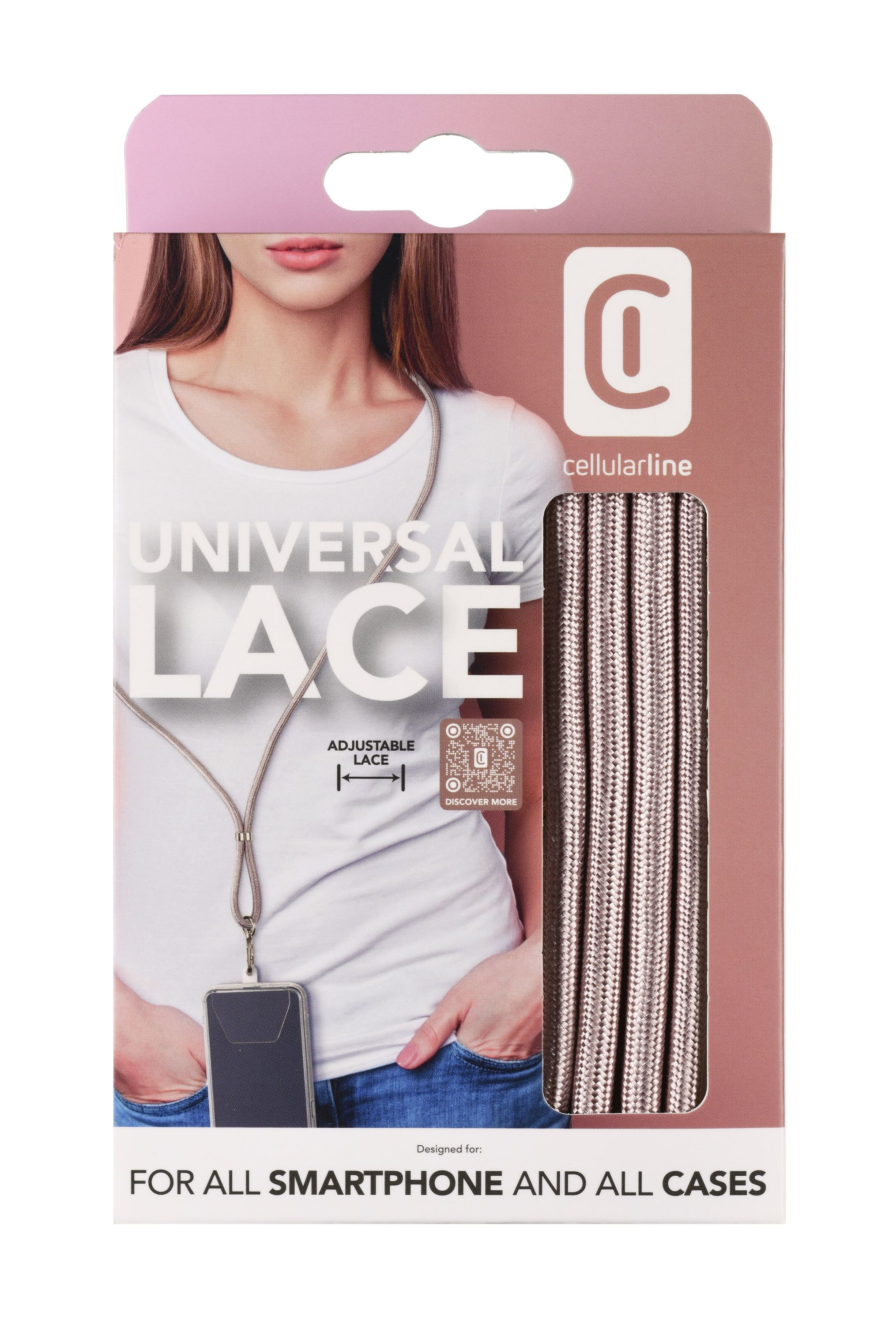 Cellularline Universal Lace ambalajı, takan bir kadın ve telefon ile.