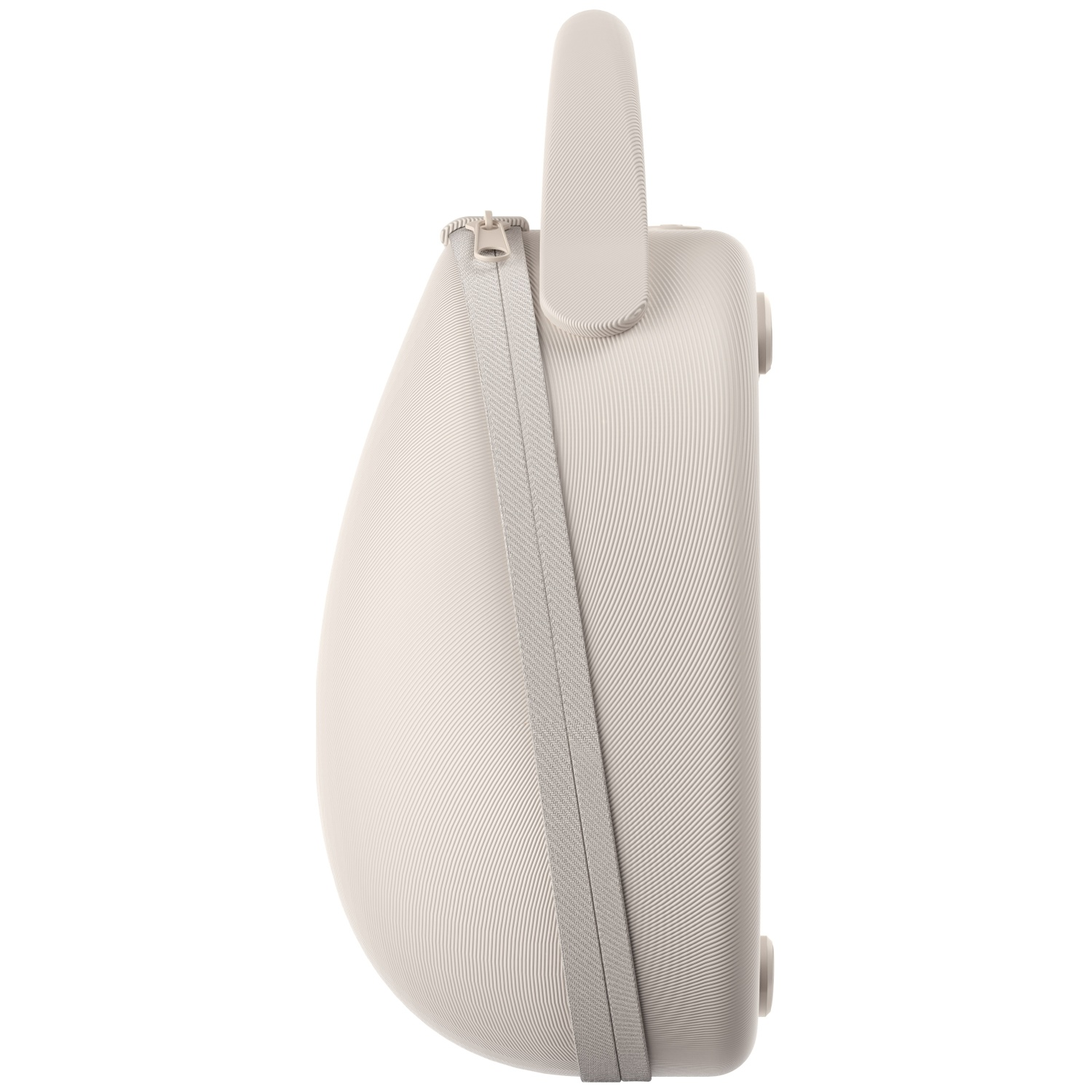 Beige koffer met rits en handvat, van de zijkant gezien.