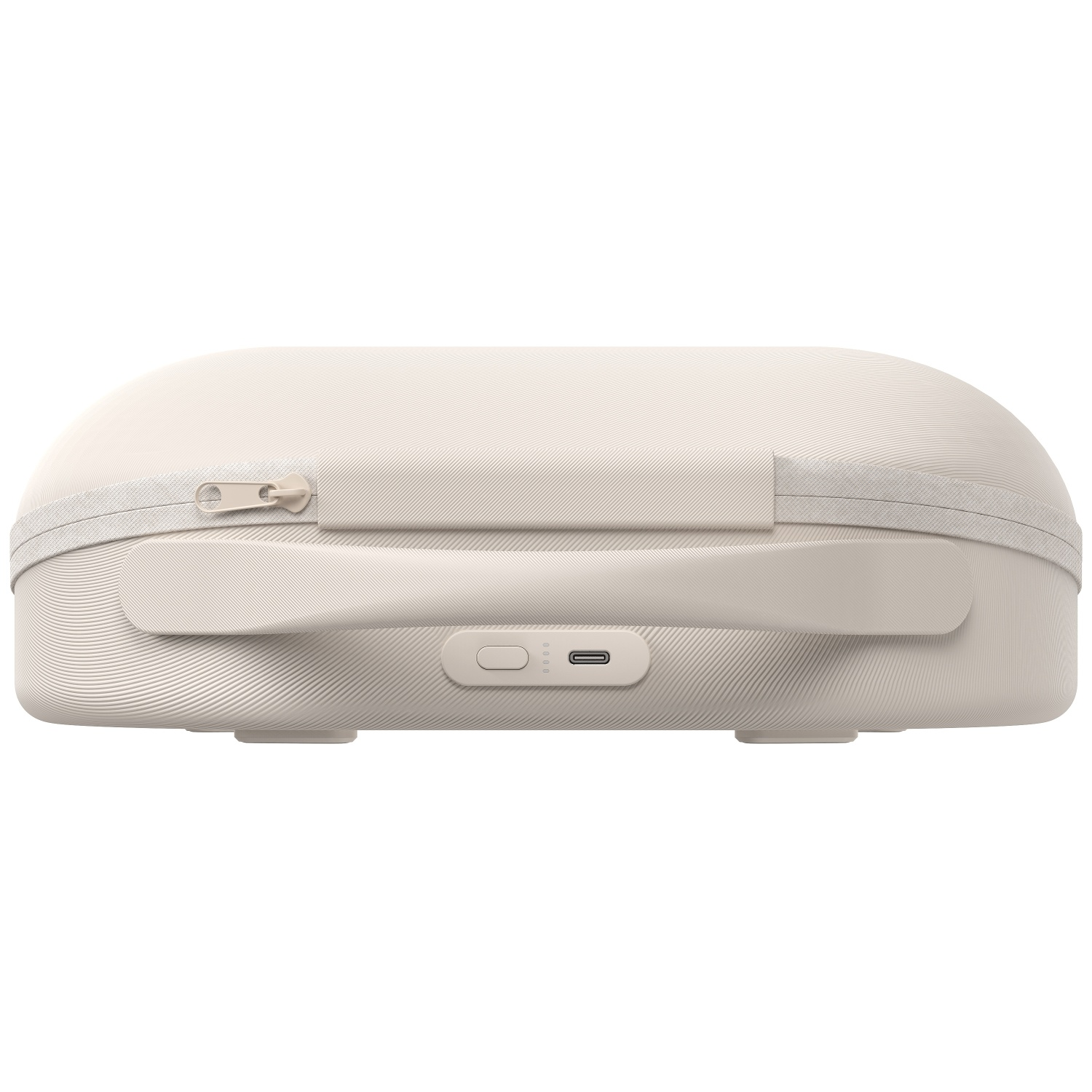 Een crèmekleurige, ovale oplaadcase met rits, handvat en USB-C-poort.