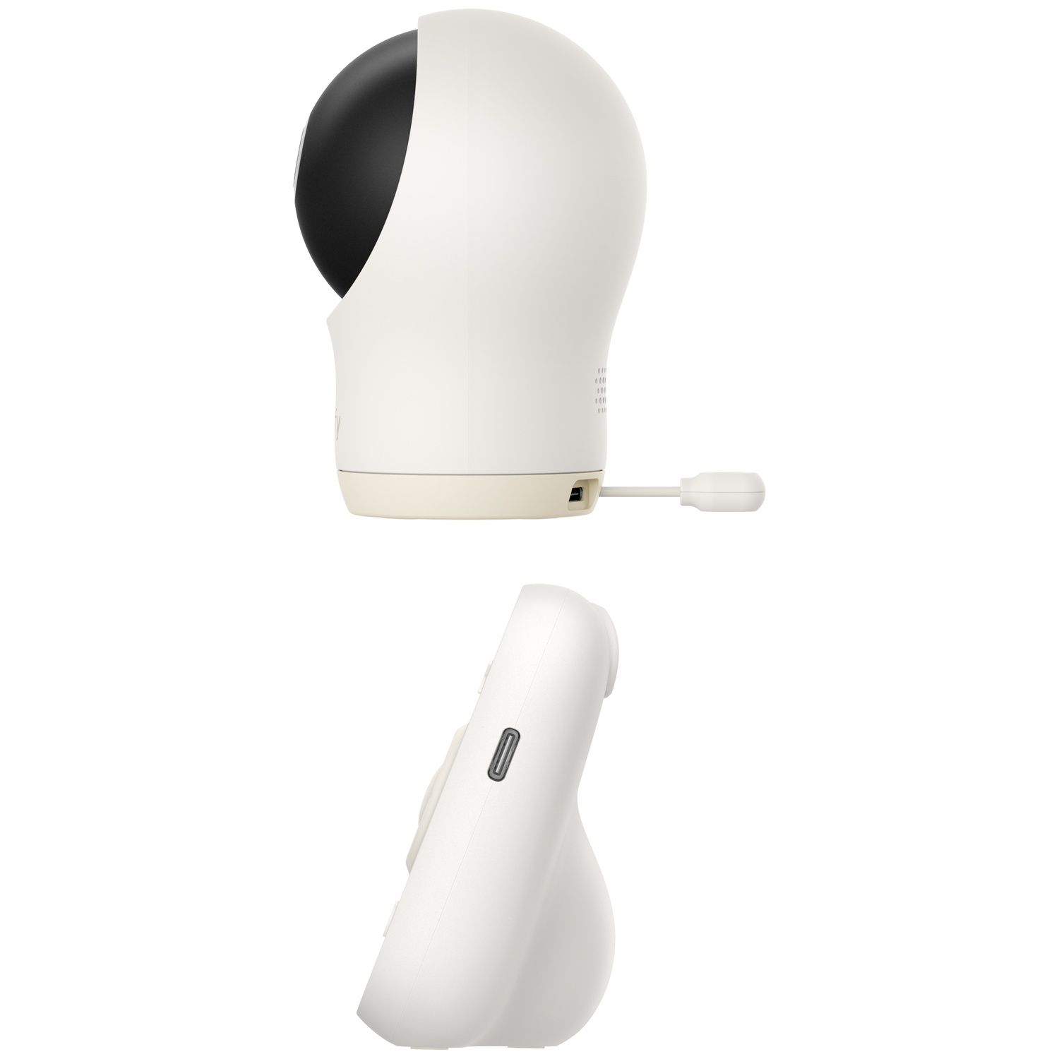 Een witte babyfoonmonitor en camera met zwarte lens worden getoond.