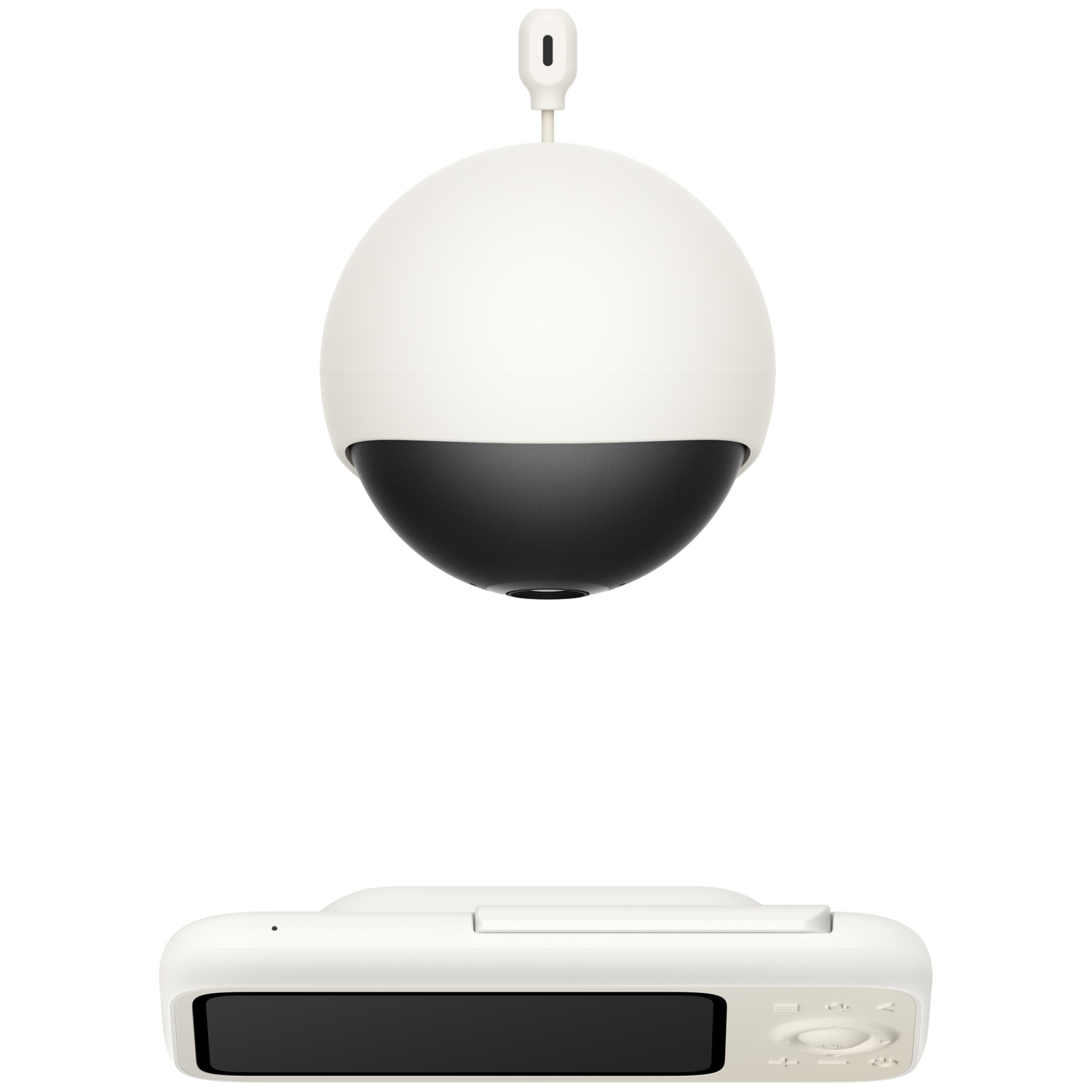Een witte babyfoon met camera en apart scherm.
