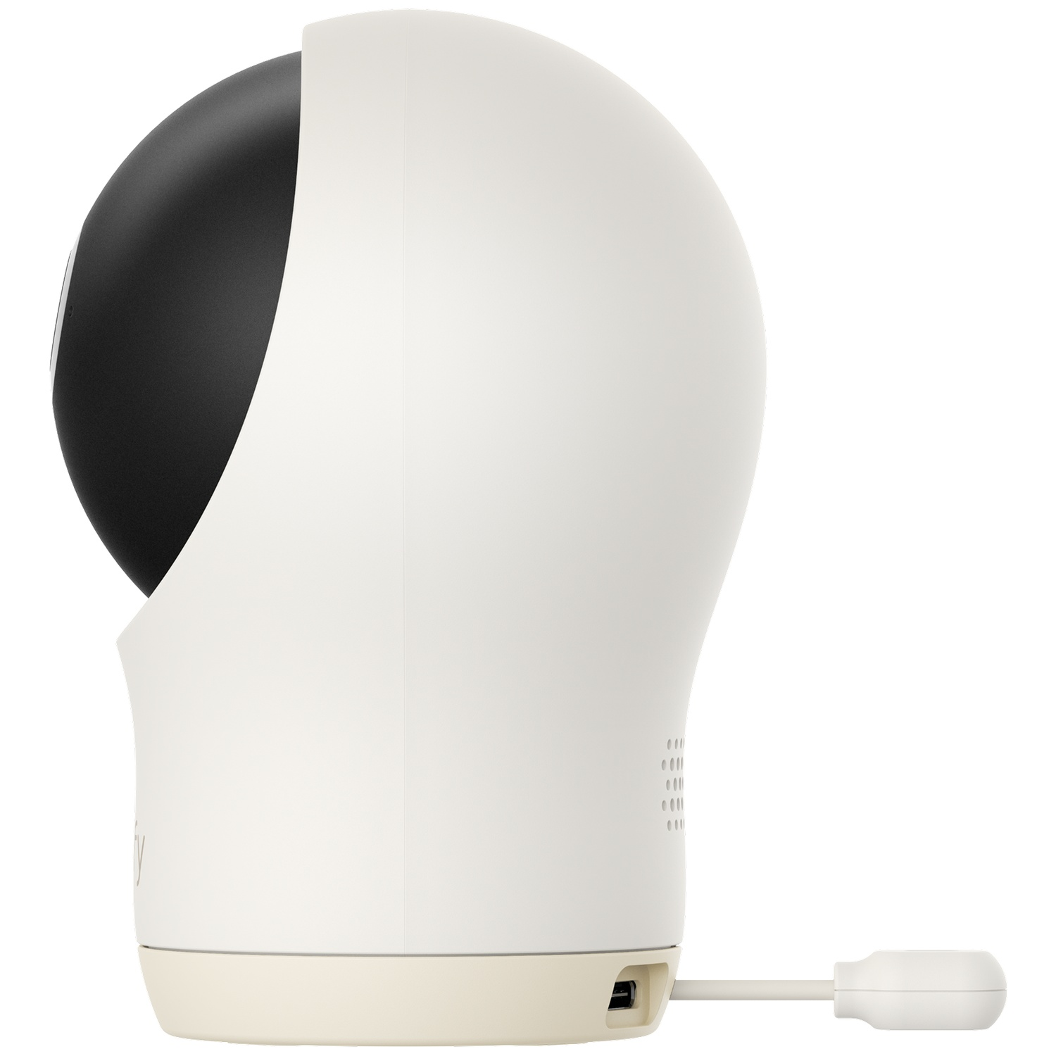 Een witte babyfoon met zwarte camera en USB-poort.