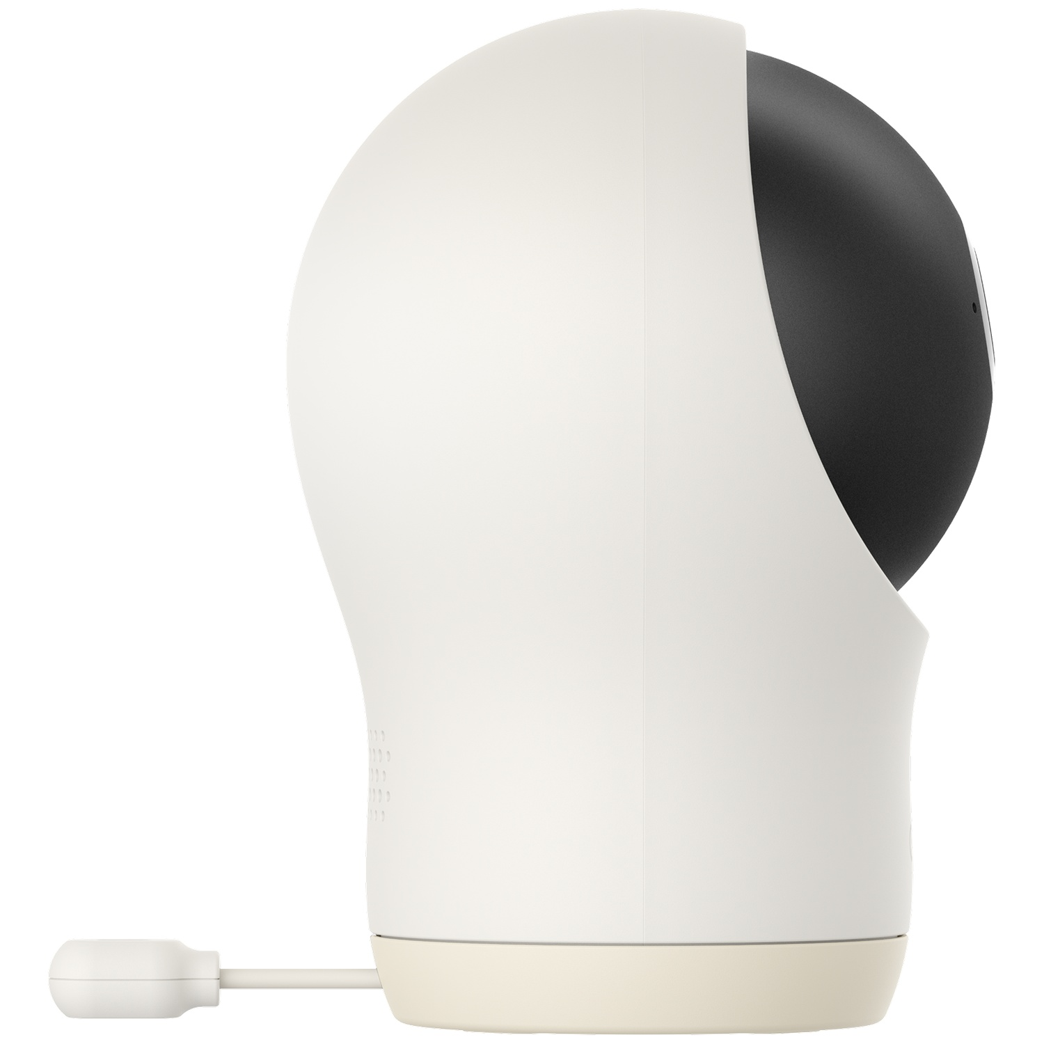 Witte beveiligingscamera met zwarte lens, zij-aanzicht.