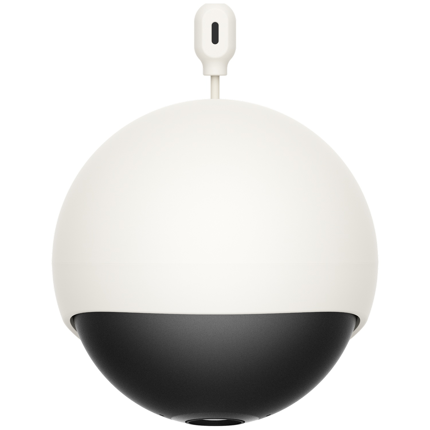 Een witte bol met een zwart ondergedeelte op een witte achtergrond.
