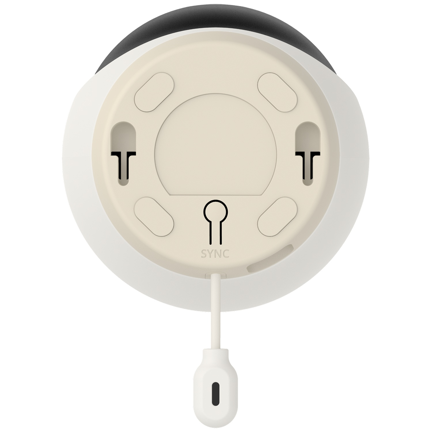 Achterkant van een apparaat met montagepunten, synchronisatieknop en kabel.