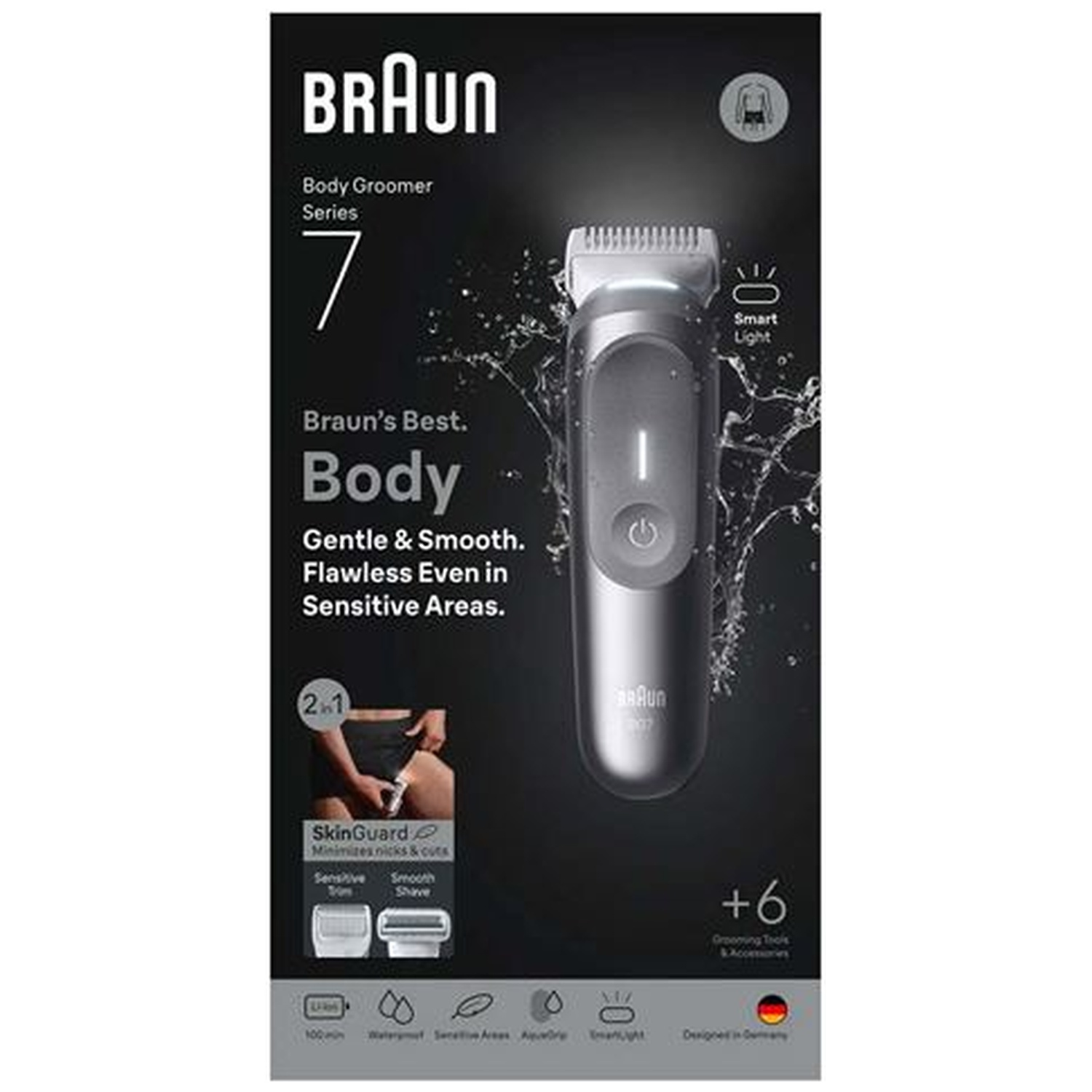 Braun Body Groomer Serie 7 met Smart Light, accessoires en SkinGuard.