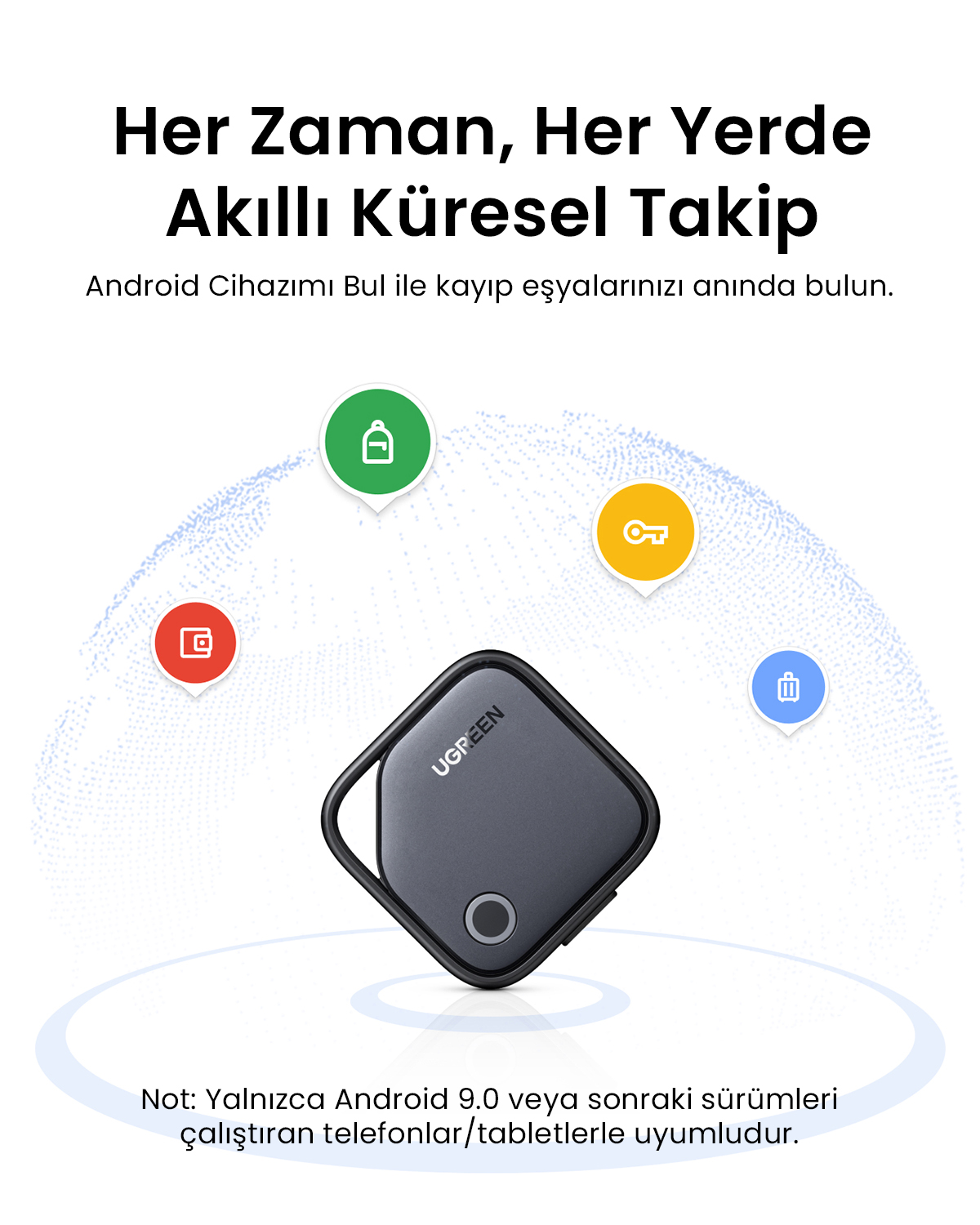 UGREEN takip cihazı; anahtar, cüzdan, çanta ve çöp kutusu ikonlu.