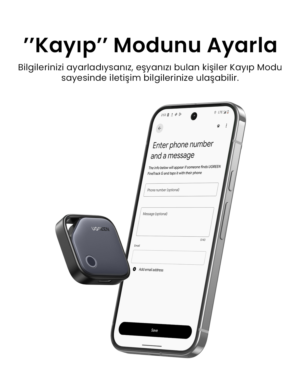 Bir UGREEN takip cihazı ve iletişim uygulaması gösteren bir akıllı telefon.