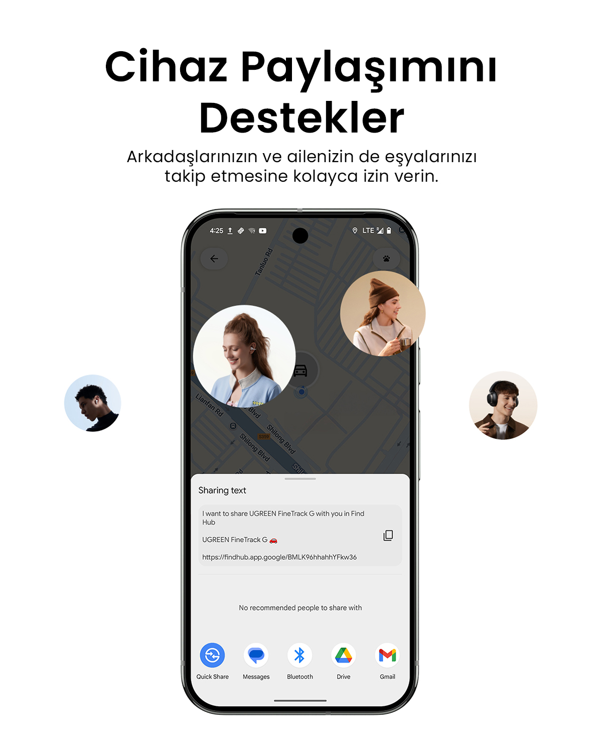 Akıllı telefon, harita ve kullanıcı profilleriyle bir paylaşım arayüzü gösteriyor.
