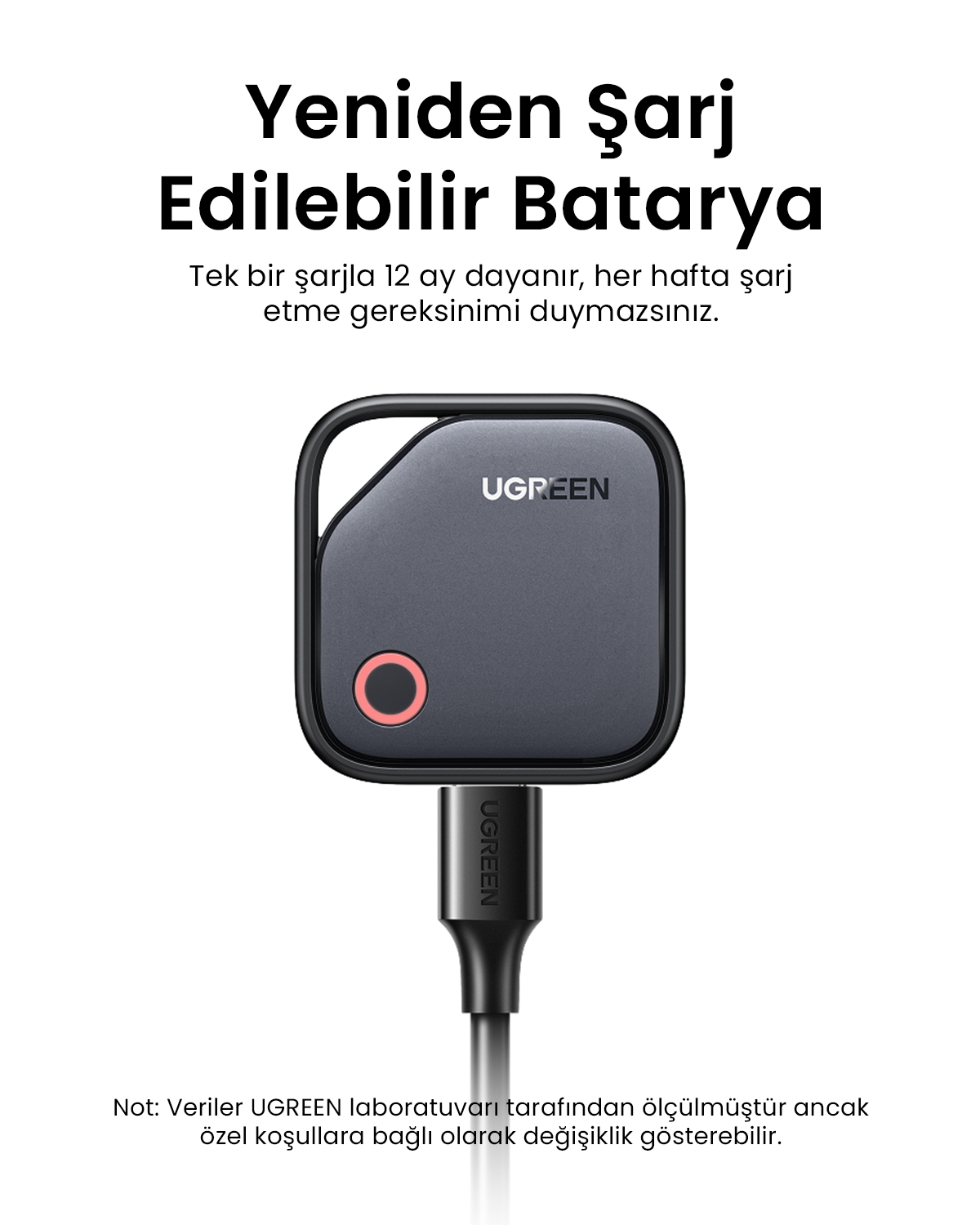 Kırmızı halkalı gri UGREEN pil, siyah bir kabloya bağlı.