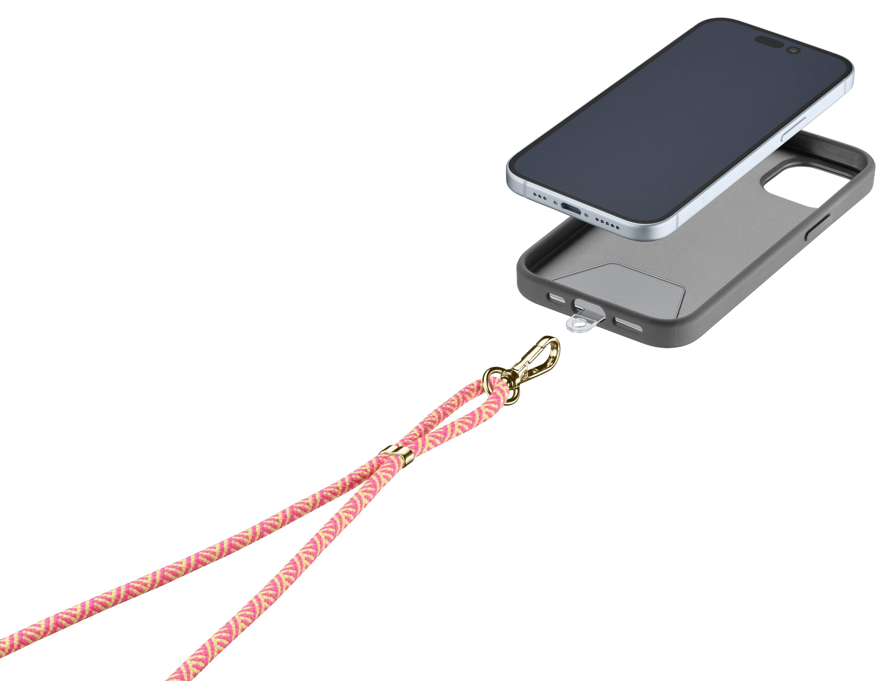Bir akıllı telefon, kordon halkası ve kordonuyla.