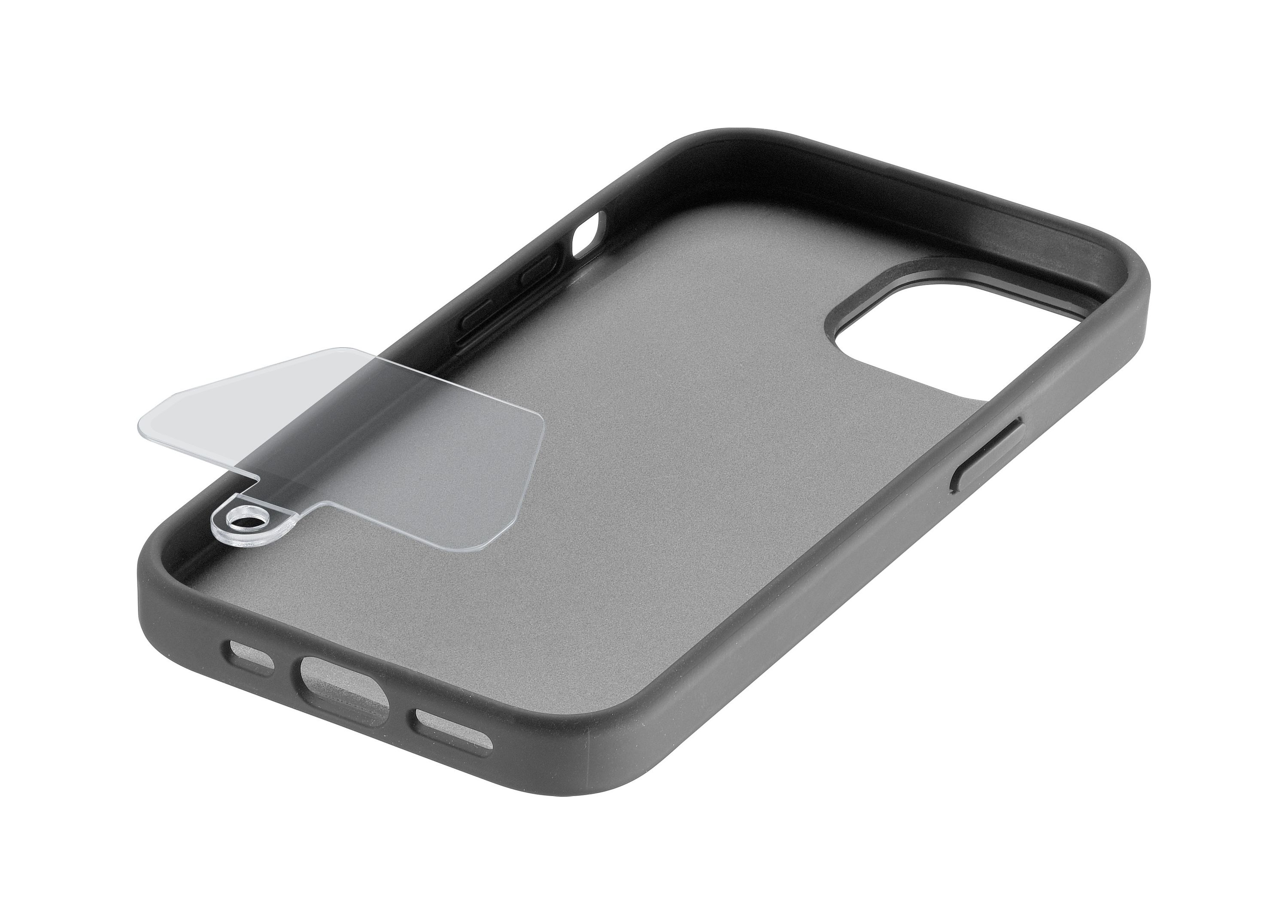 Kenarında şeffaf aparat bulunan siyah plastik telefon kılıfı.