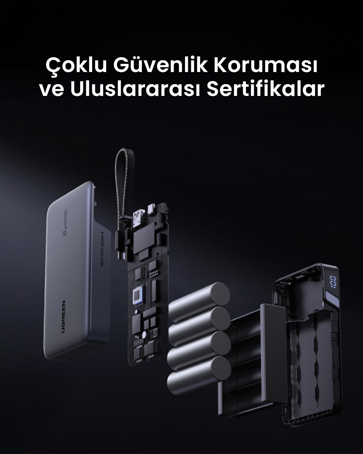 Pilleri ve devre kartını gösteren koyu renkli powerbank'in patlatılmış görünümü.