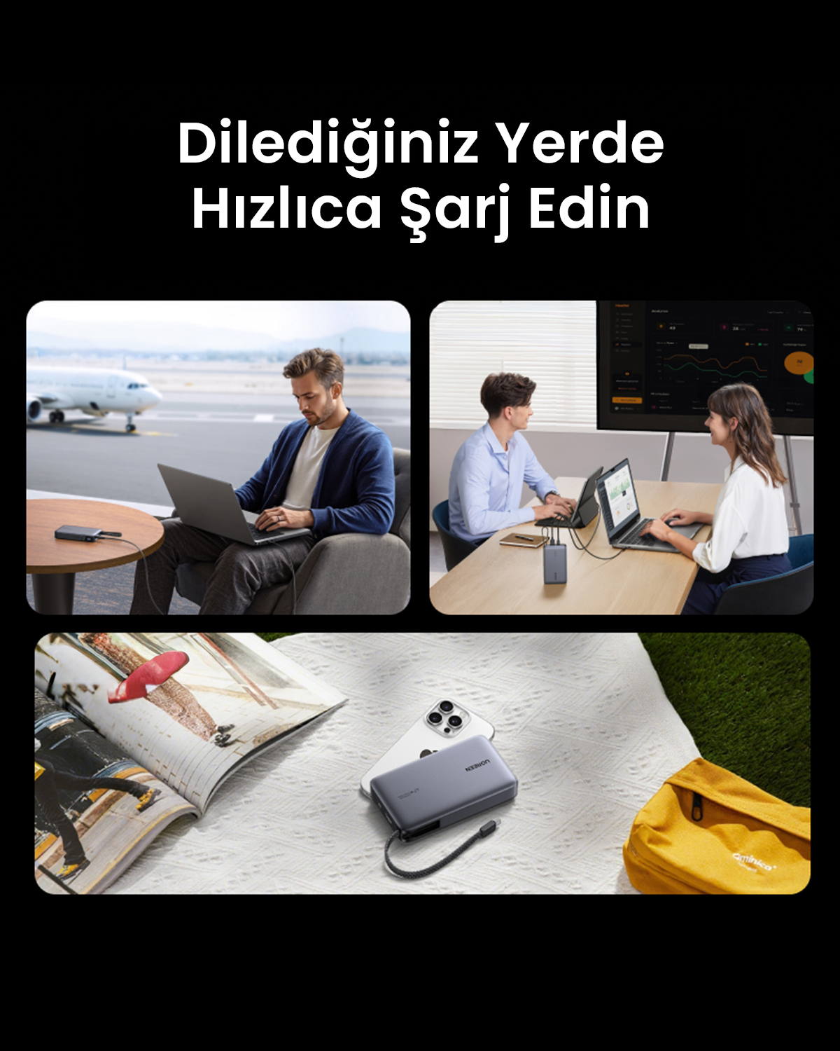 Havalimanında laptoplu adam, masada iki kişi, battaniye üzerinde telefonlu powerbank.