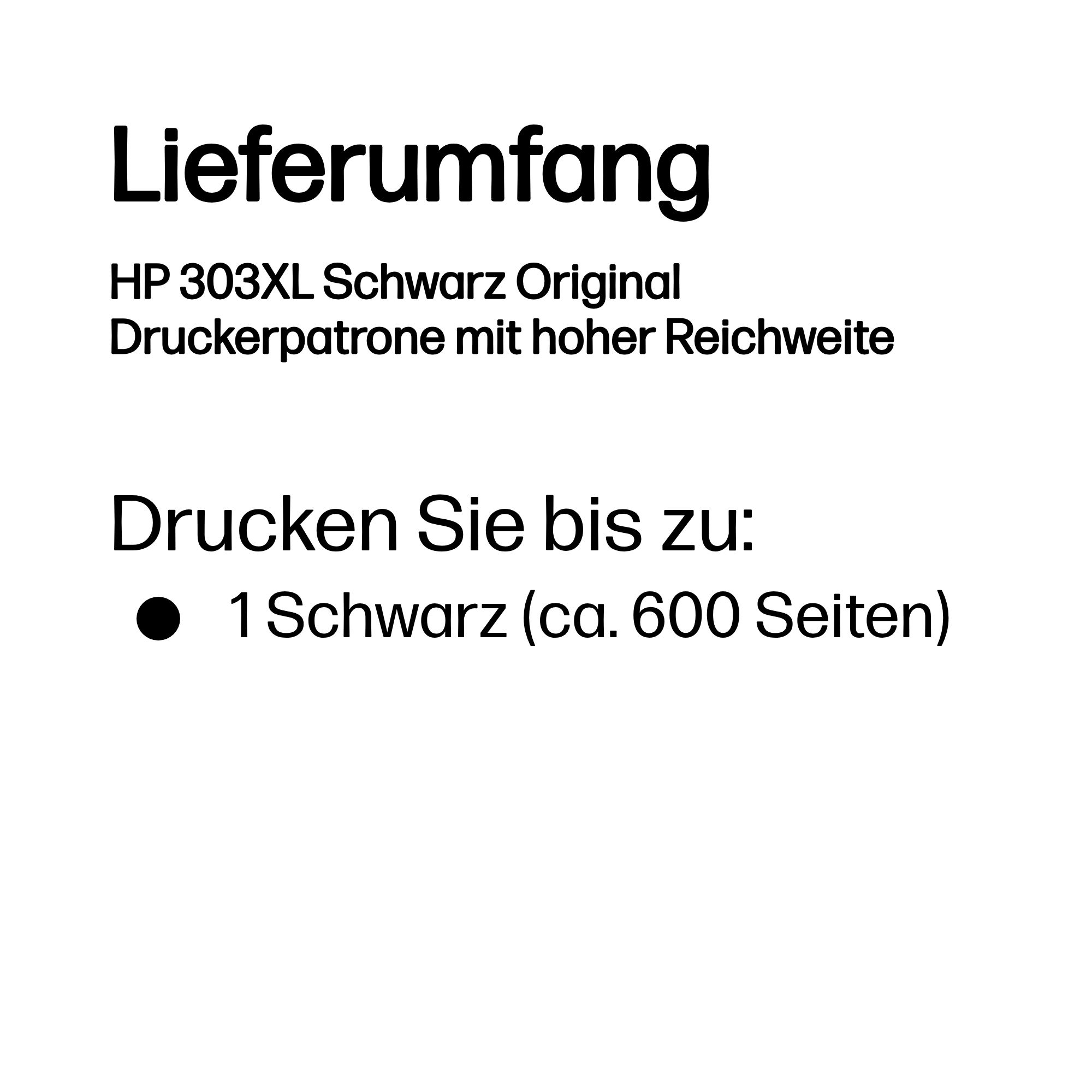 Lieferumfang: HP 303XL Schwarz Druckerpatrone, ca. 600 Seiten.