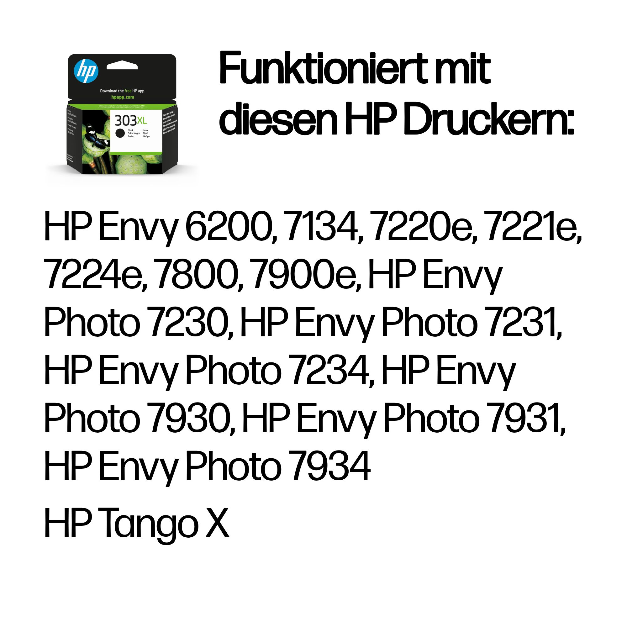 HP 303XL Tintenpatrone mit Auflistung kompatibler HP Drucker.