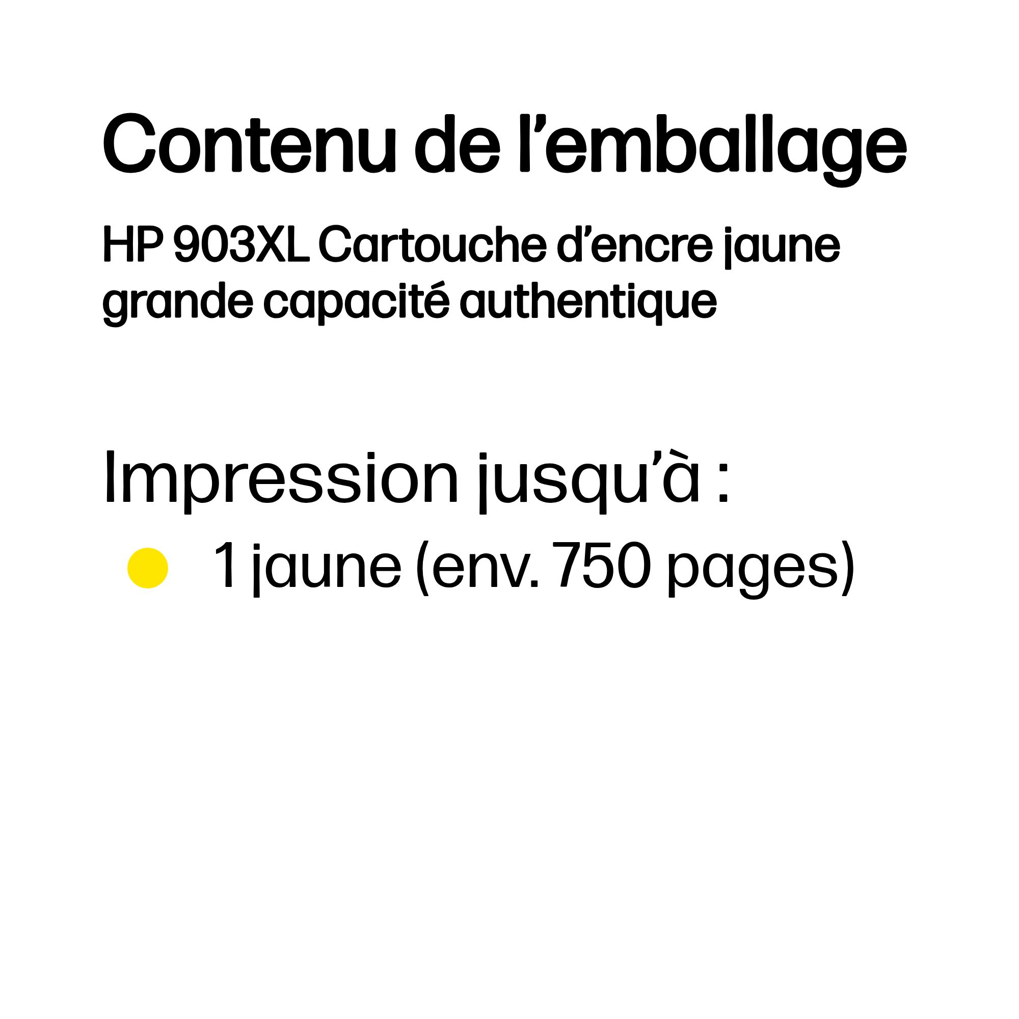Contenu de l'emballage : Cartouche d'encre jaune HP 903XL, haute capacité.