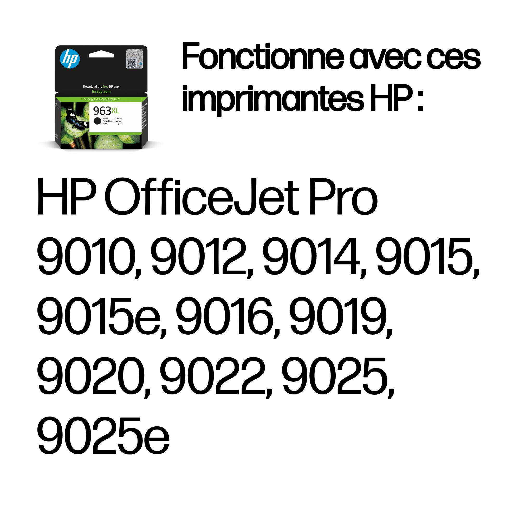 Cartouche d'encre HP 963XL et imprimantes compatibles.