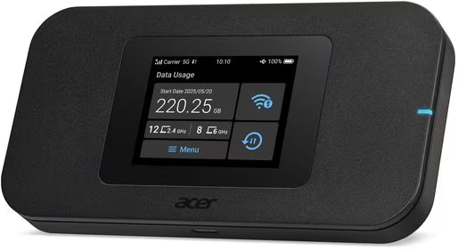 Hotspot 5G portatile nero Acer con touchscreen che mostra l'utilizzo dei dati.